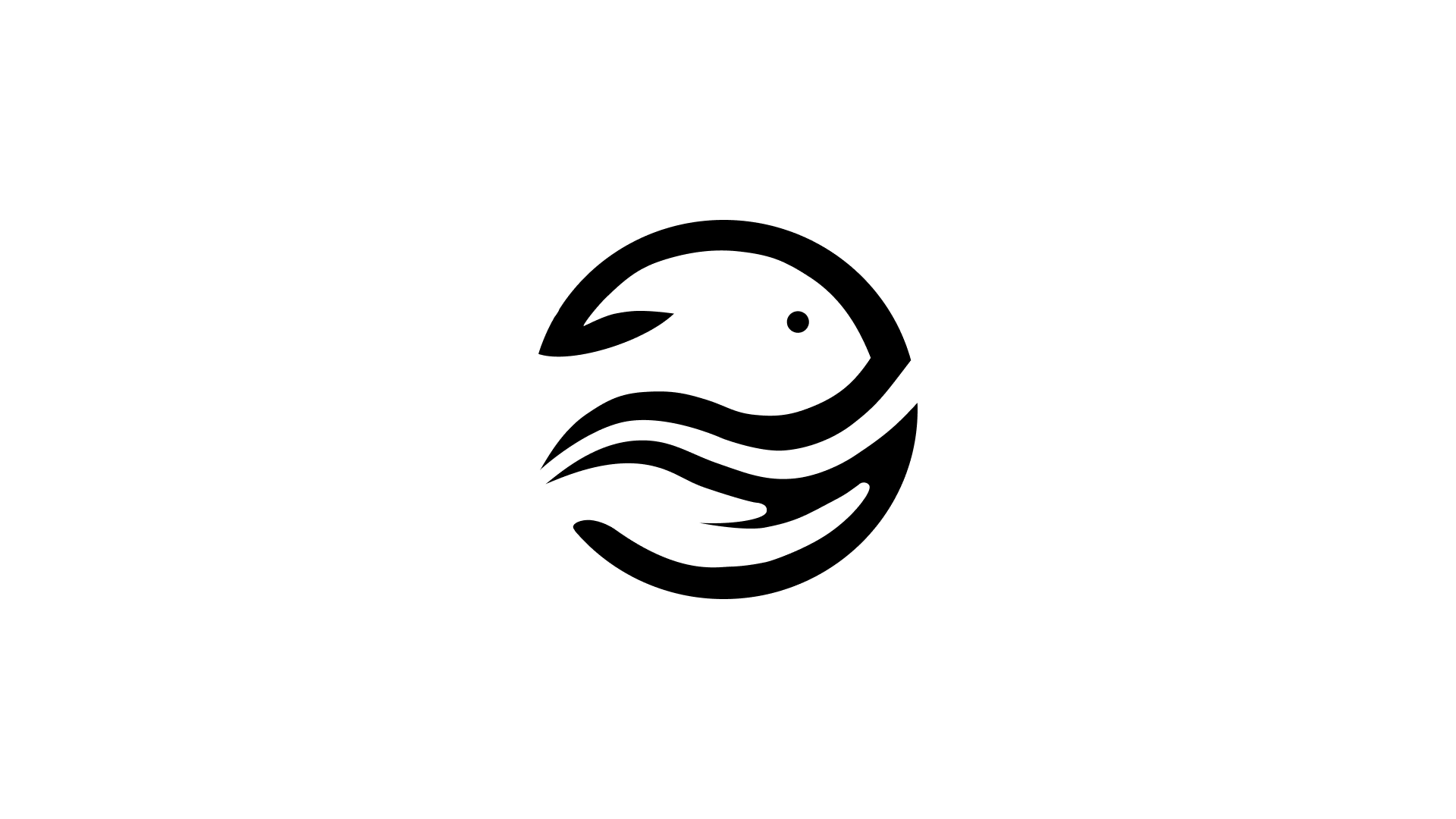 Minimalistyczne logo konferencji rybactwa – czarny sygnet ryby na białym tle. Projekt logo, logo design, identyfikacja wizualna, profesjonalne logo.