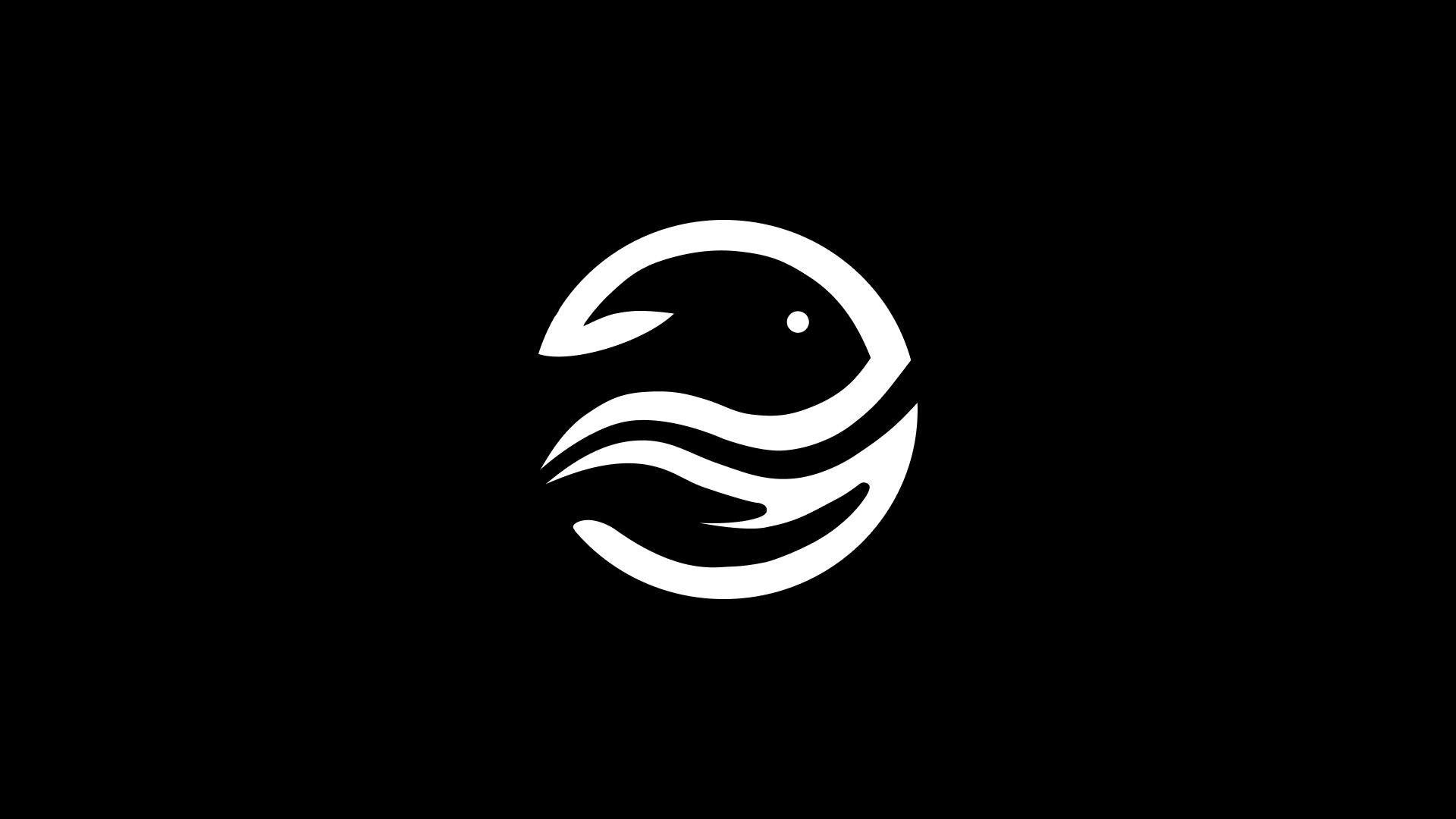 Projekt logo dla konferencji rybactwa – biały sygnet ryby na czarnym tle. Profesjonalne logo, logo design, identyfikacja wizualna.