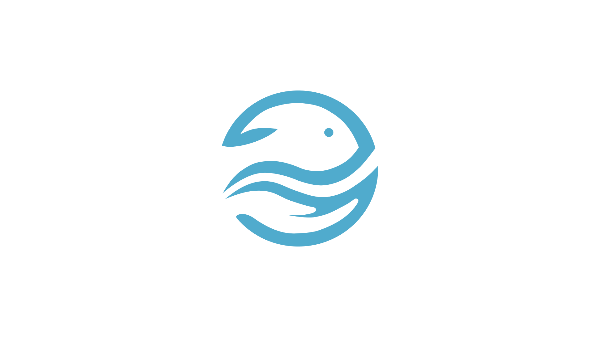 Projekt logo konferencji rybactwa – biały sygnet ryby na turkusowym tle. Logo design, identyfikacja wizualna, profesjonalne logo.