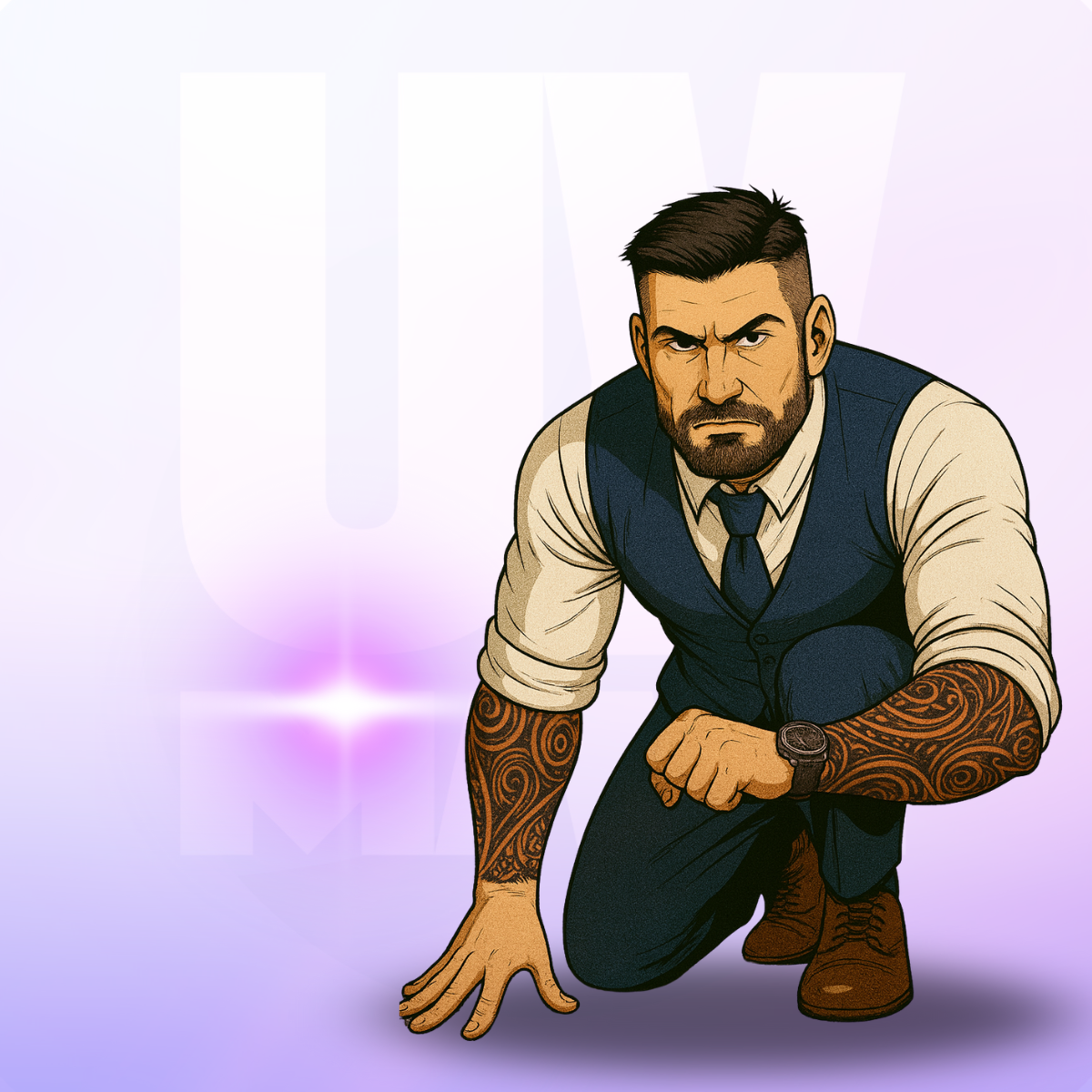 Ilustracja przedstawiająca UX Designera w dynamicznej pozie startowej, symbolizująca outsourcing i gotowość do szybkiego działania w projektach aplikacji i stron internetowych.