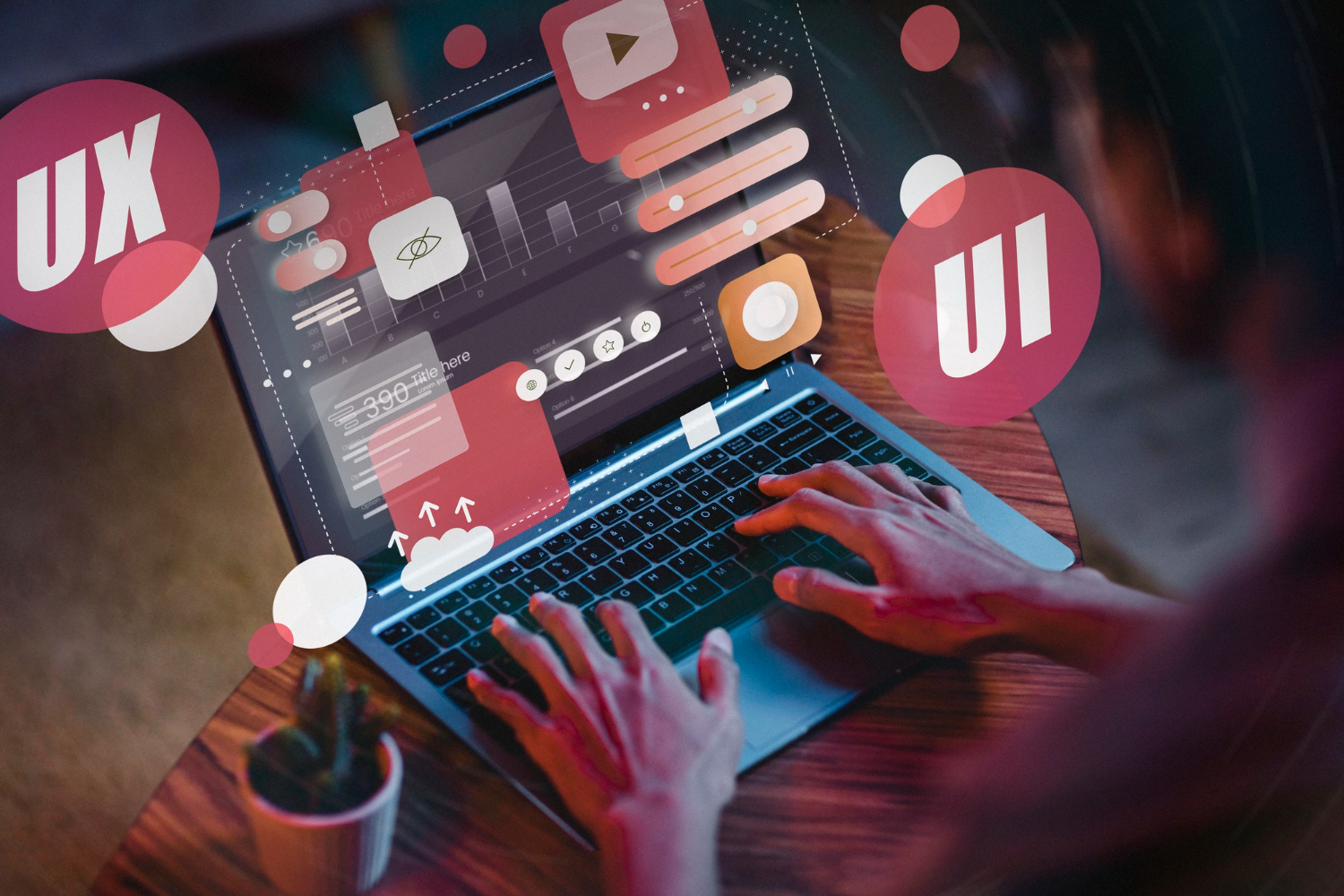 Projektowanie UX/UI aplikacji i stron internetowych na laptopie z wizualizacjami interfejsów.