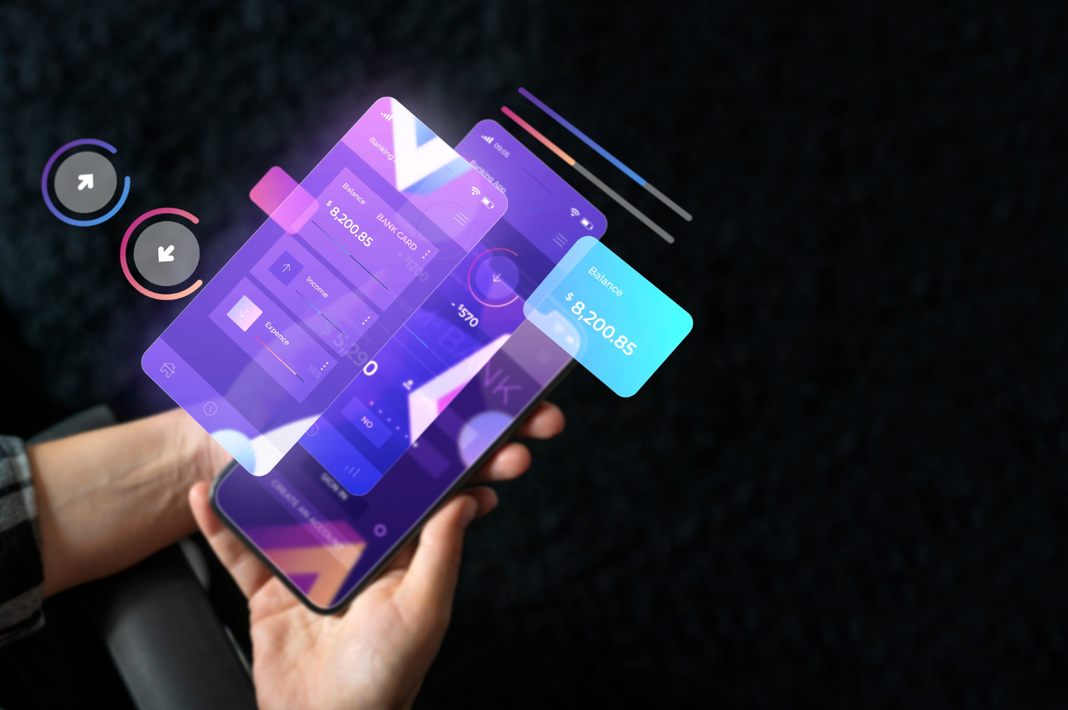 Interaktywny prototyp aplikacji z nałożonymi elementami na ekranie smartfona.