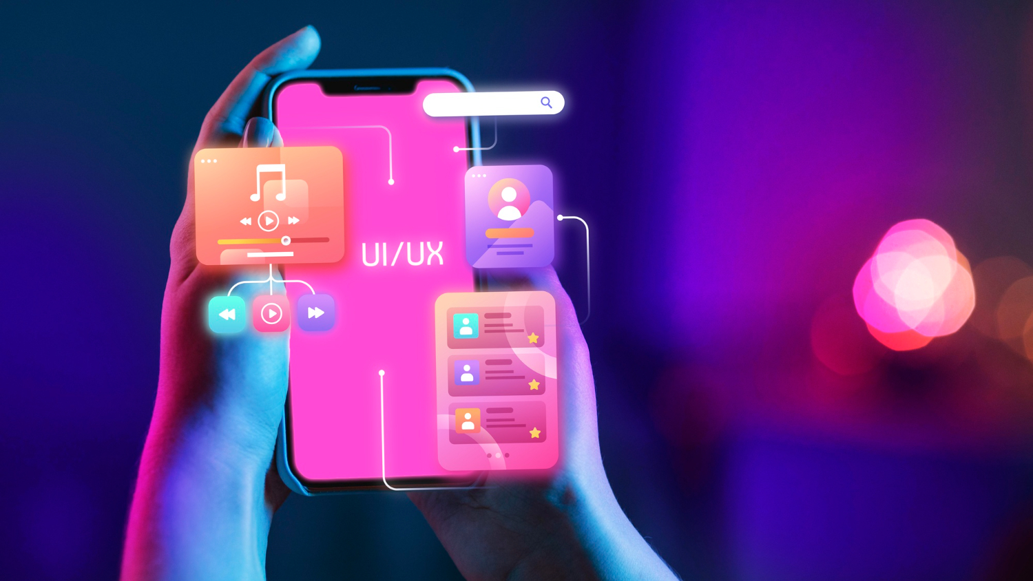 Widok design systemu z elementami interfejsu użytkownika na telefonie i ekranie desktopowym.