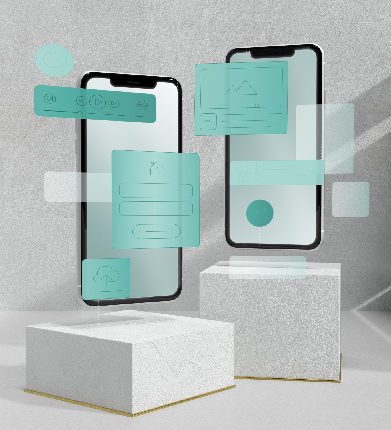 Widok interaktywnych komponentów UI/UX w prototypie aplikacji mobilnej.