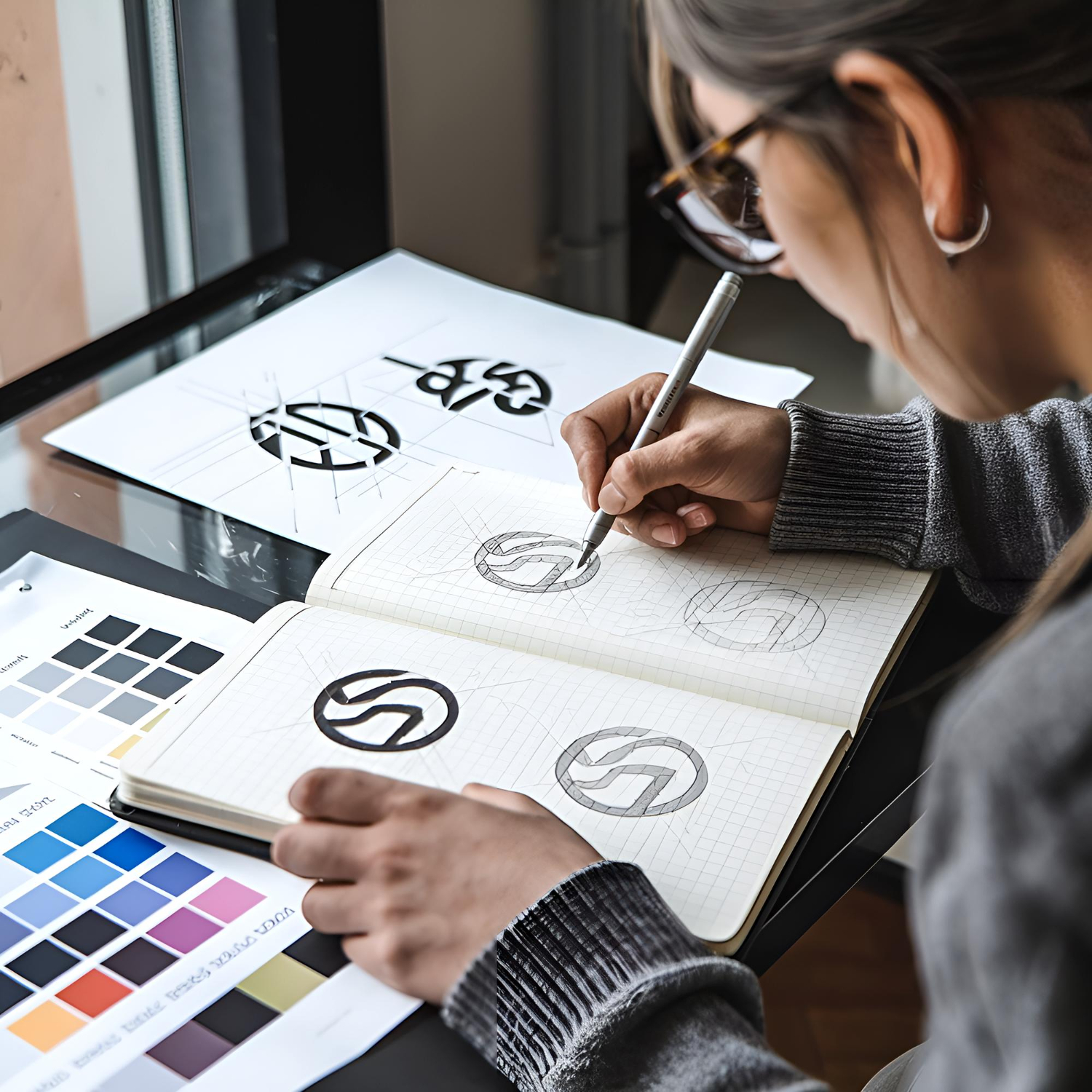 Rysowanie symbolu logo w notatniku podczas procesu projektowego.