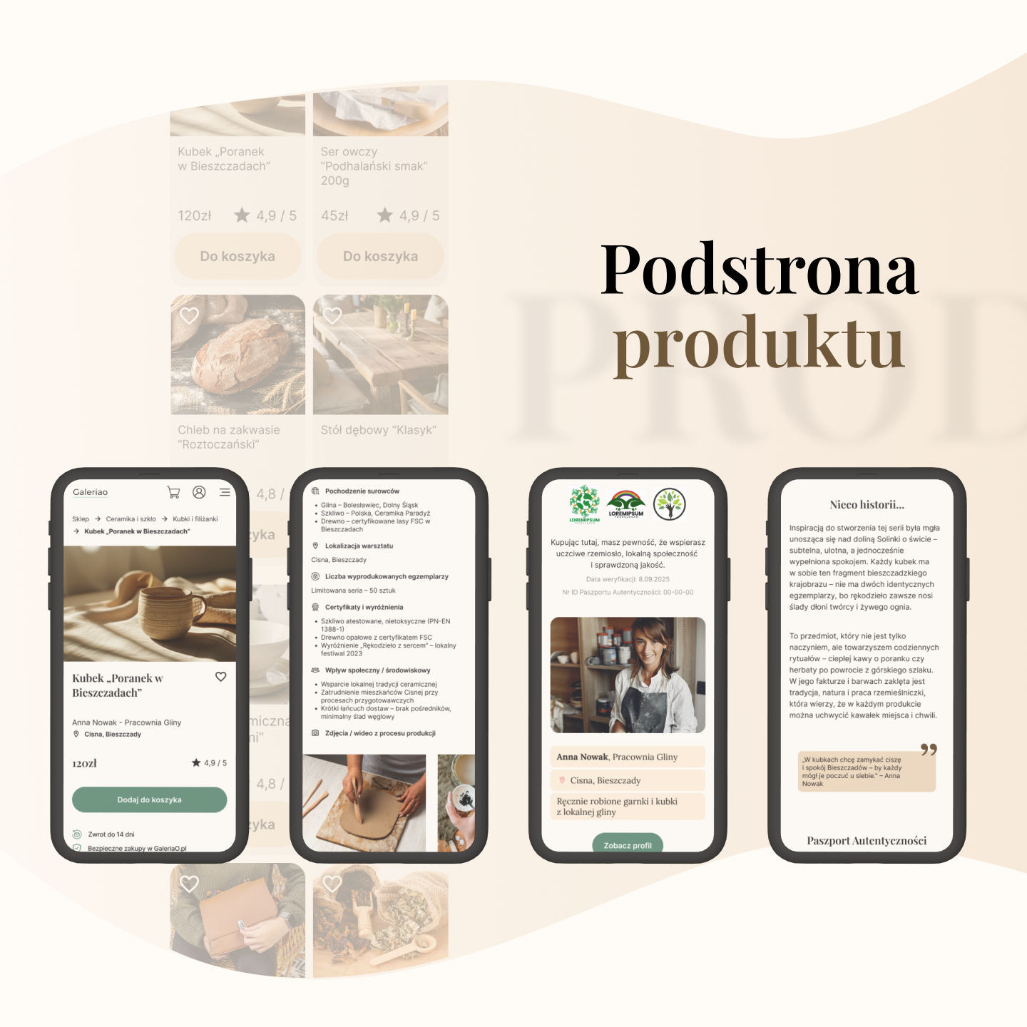 Makieta aplikacji Galeriao – podstrona produktu w sklepie internetowym z informacjami o twórcy i paszporcie autentyczności.