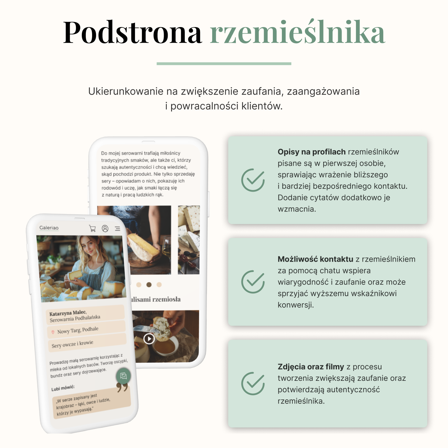 Podstrona rzemieślnika – makieta UX sklepu internetowego Galeriao z opisami, zdjęciami i możliwością kontaktu.