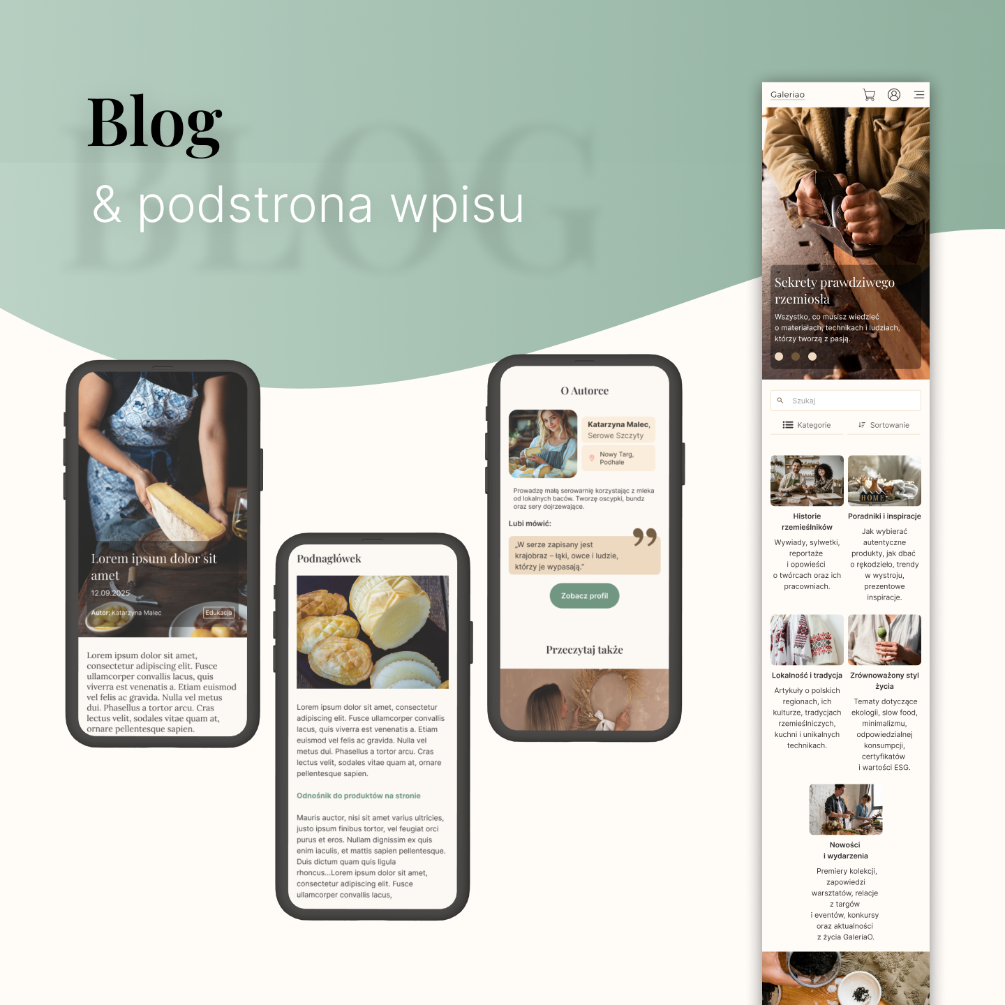 Makieta strony bloga i podstrony wpisu w projekcie Galeriao – sekcja edukacyjna wspierająca storytelling i SEO.