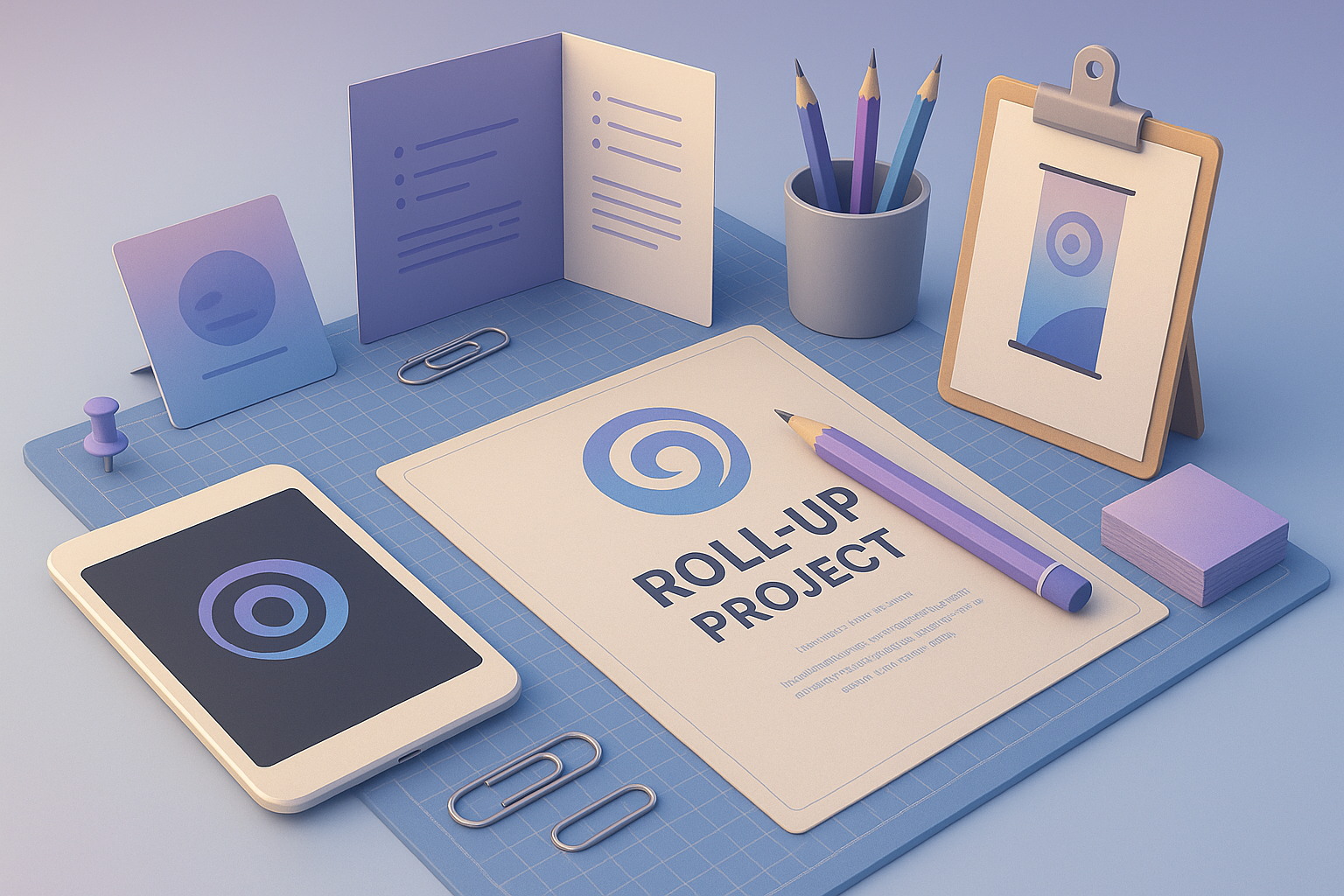 Ilustracja 3D przedstawiająca biurko z materiałami graficznymi i projektem rollupu reklamowego w pastelowych barwach.