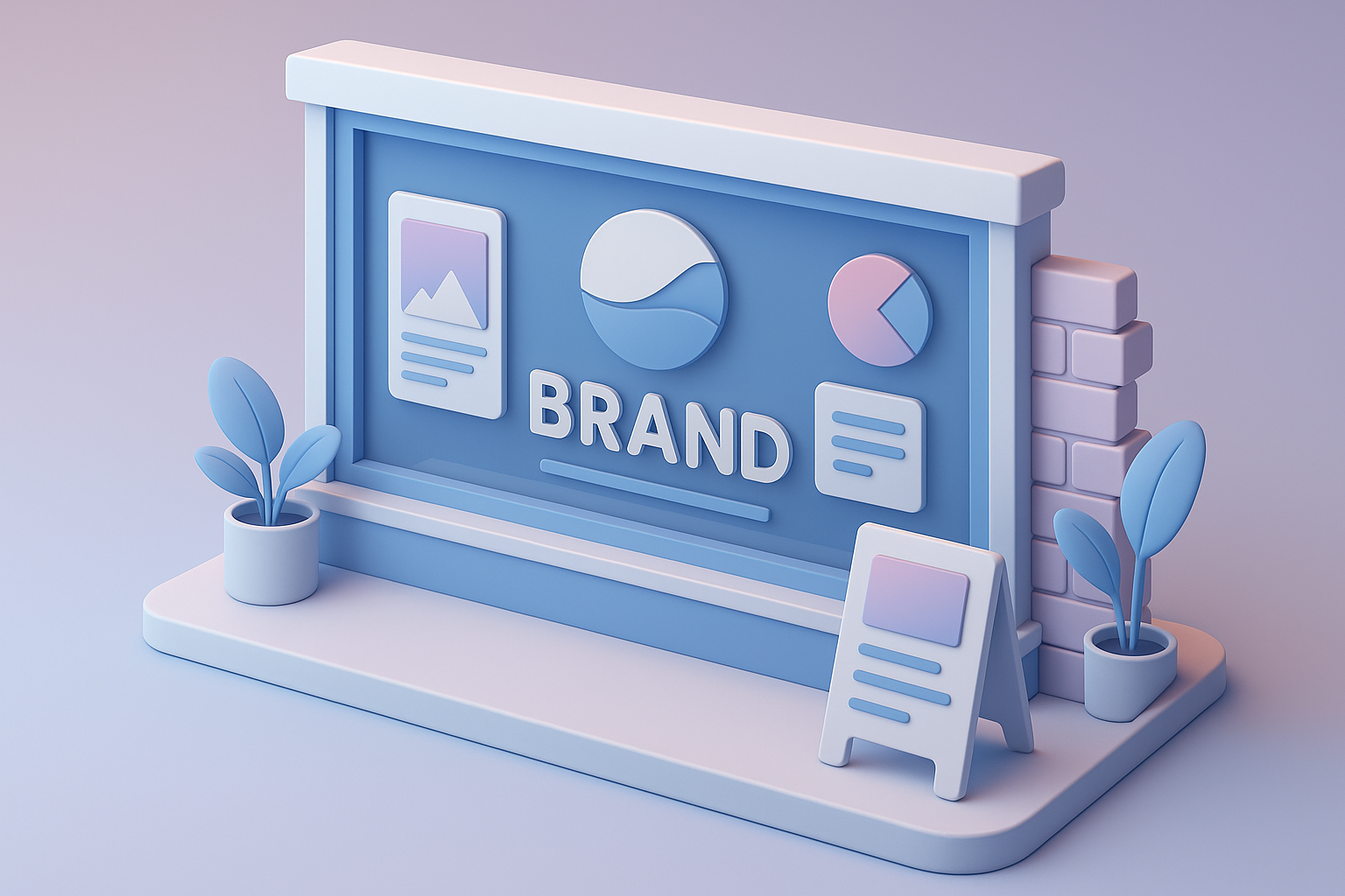 Pastelowa ilustracja 3D w stylu izometrycznym przedstawiająca projekt graficzny oklejenia witryny firmowej – szklaną witrynę z elementami brandingu, logo, wykresami i tabliczką reklamową, symbolizującą projektowanie folii reklamowych i oznakowania biur.