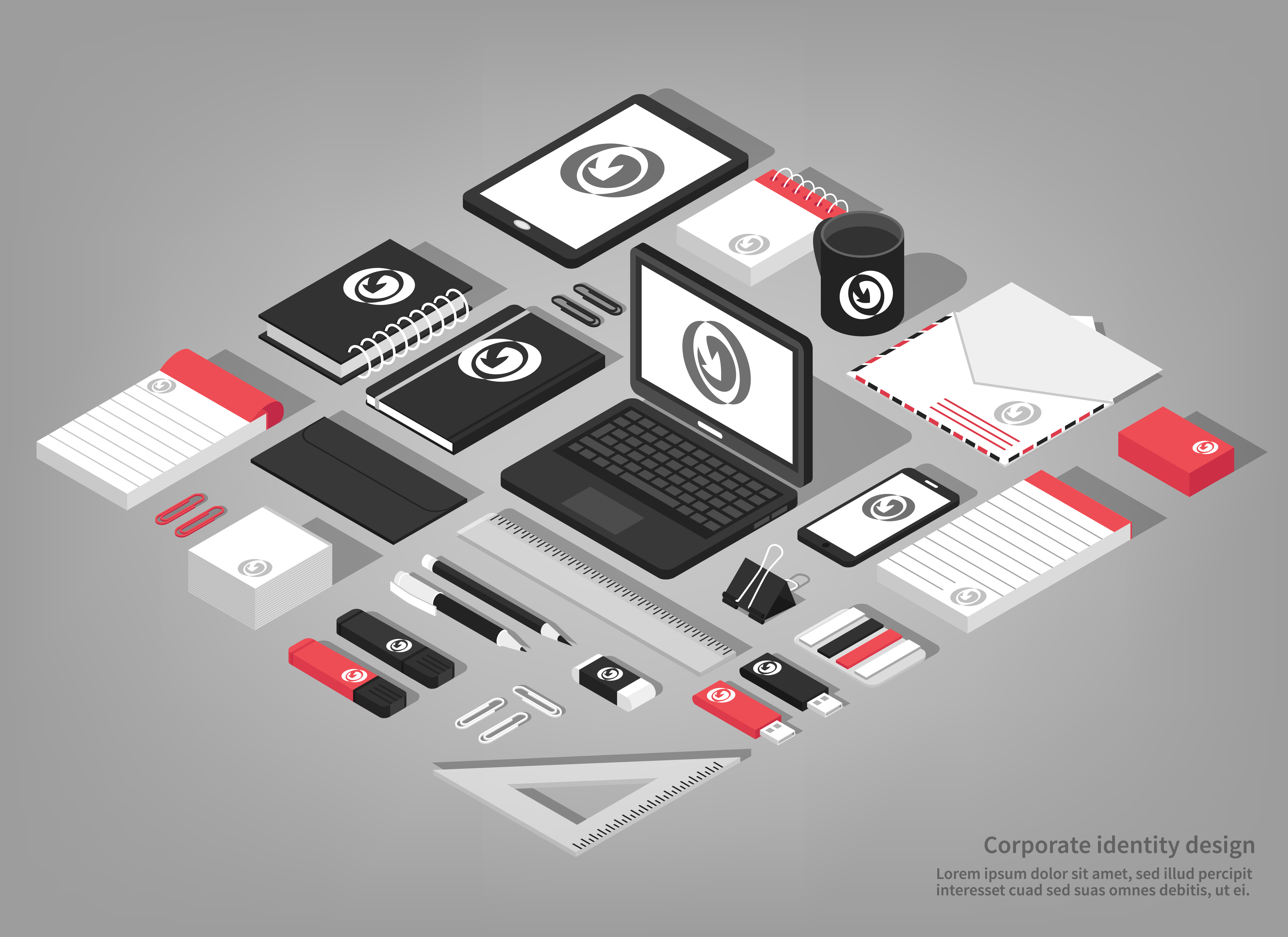 Zestaw materiałów firmowych z laptopem, notatnikiem i wizytówkami przedstawiający spójny system identyfikacji wizualnej marki.