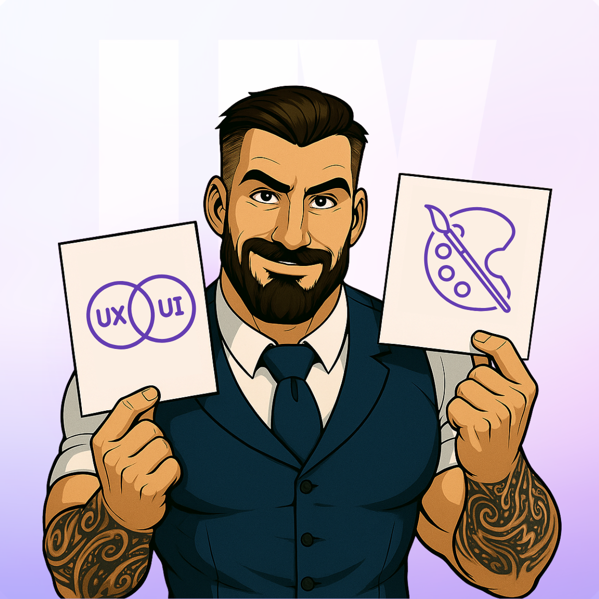 Ilustracja projektanta UX/UI trzymającego kartki z symbolami UX/UI i palety barw, przedstawiająca połączenie logiki i emocji w projektowaniu graficznym. Napis: „Projekt bez emocji to instrukcja obsługi.”