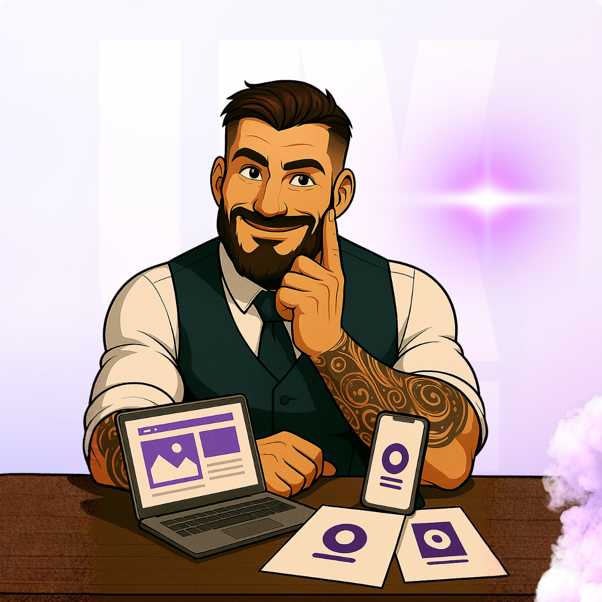 Ilustracja projektanta UX/UI siedzącego przy biurku z laptopem i materiałami graficznymi marki, symbolizująca spójność systemu wizualnego i komunikację marki w ciszy.