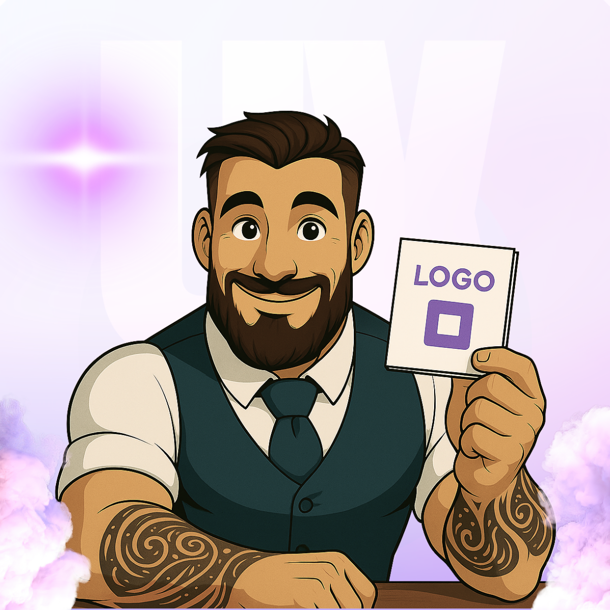 Ilustracja projektanta UX/UI trzymającego kartkę z napisem „LOGO”, symbolizująca tworzenie mini identyfikacji wizualnej i spójnego wizerunku marki.