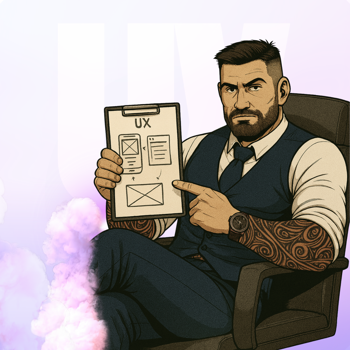 **Nazwa pliku (SEO):** dobra-makieta-ux-ui-projektowanie-interfejsu-ux-man.png  **Alt opis (SEO + WCAG):** Ilustracja projektanta UX/UI siedzącego w fotelu i wskazującego na tabliczkę z makietą aplikacji, symbolizująca proces tworzenia dobrej makiety UX/UI