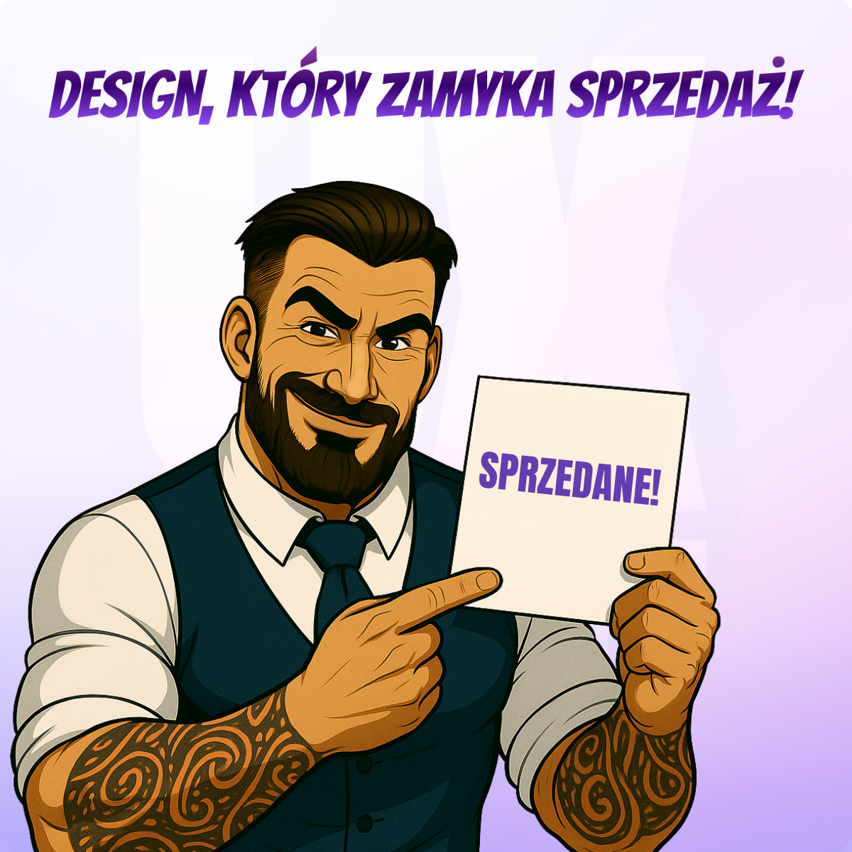 Ilustracja projektanta UX/UI trzymającego kartkę z napisem „SPRZEDANE!”, symbolizująca skuteczny design ofert i prezentacji, które zwiększają sprzedaż dzięki połączeniu UX i grafiki.