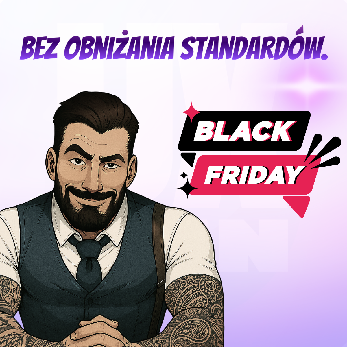 Ilustracja projektanta UX/UI z napisem „Bez obniżania standardów” i logo Black Friday, symbolizująca promocję Black Week UX-MAN opartą na jakości usług UX i projektowania graficznego bez kompromisów.