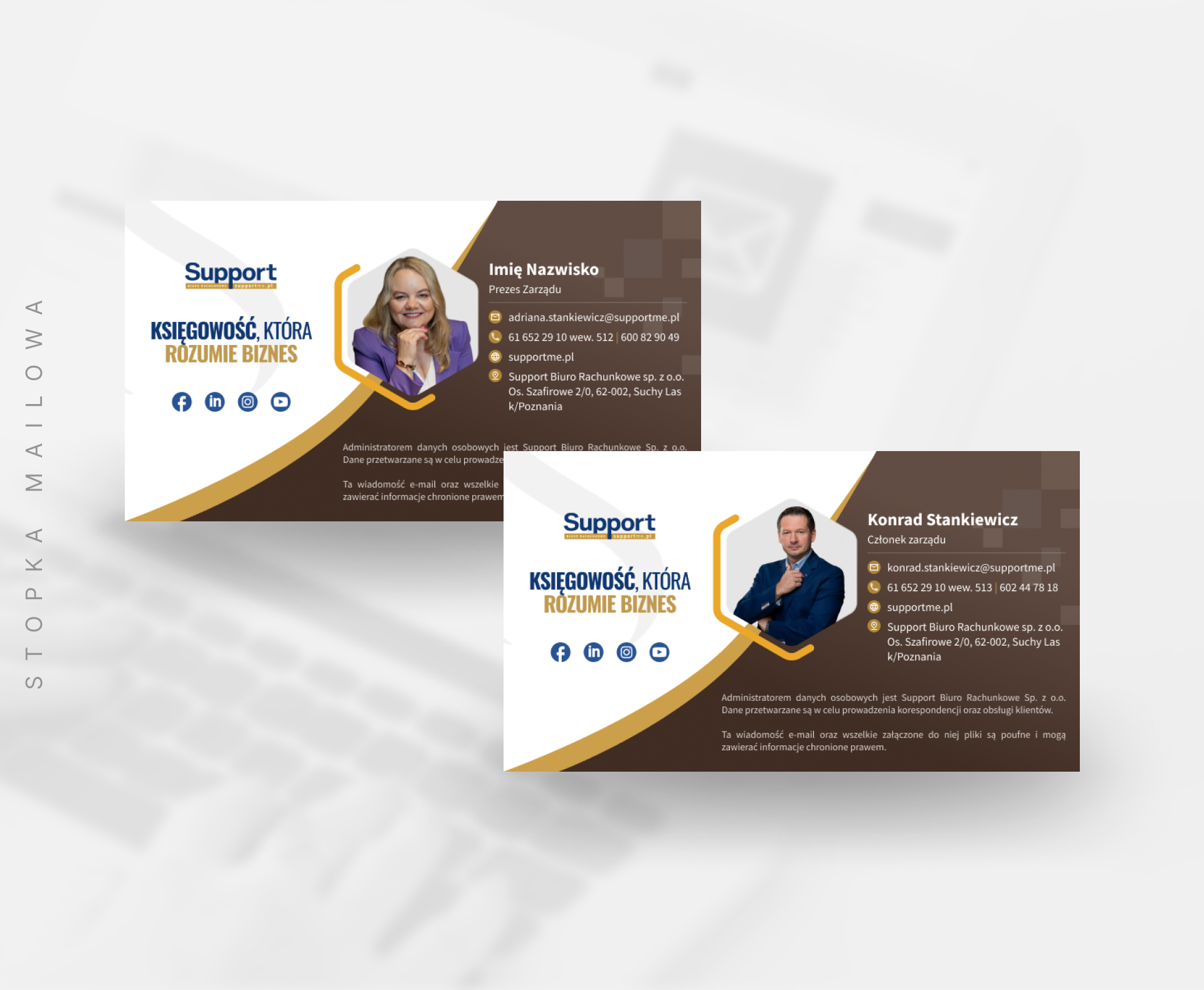 Stopki mailowe Supportme w wersjach dla Adriany i Konrada Stankiewicz, utrzymane w złoto-brązowej kolorystyce z elementami identyfikacji wizualnej biura rachunkowego – projekt graficzny UX-MAN.
