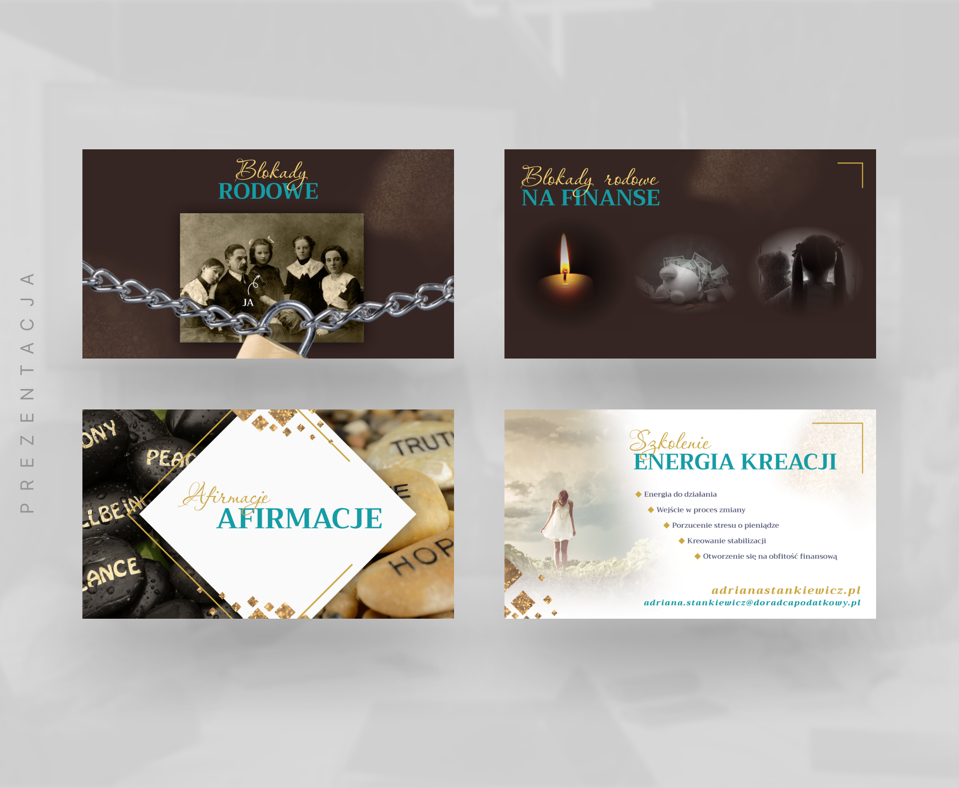 Slajdy prezentacji Adriany Stankiewicz poruszające tematy blokad rodowych, afirmacji i energii kreacji, zaprojektowane w spójnym stylu wizualnym programu Q.U.A.N.T.U.M. – projekt graficzny UX-MAN.