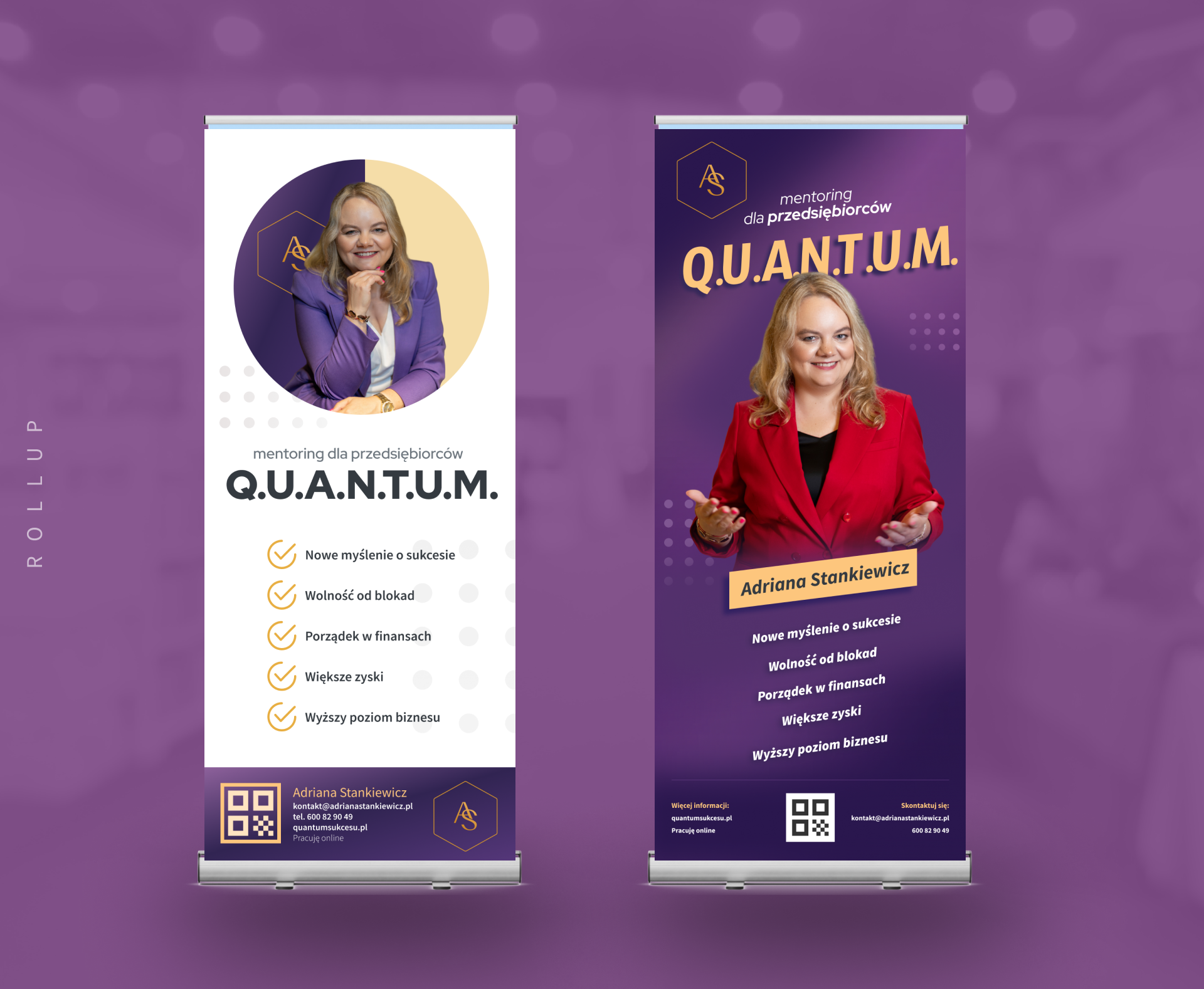 Rollupy Q.U.A.N.T.U.M. autorstwa Adriany Stankiewicz w kolorystyce fioletowo-złotej, promujące mentoring dla przedsiębiorców i wartości programu – projekt graficzny UX-MAN.