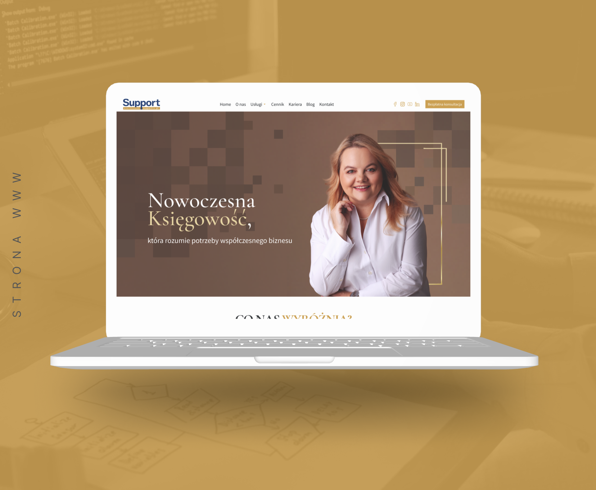 Projekt strony internetowej Supportme prezentujący nowoczesne biuro rachunkowe Adriany Stankiewicz, zaprojektowany w stylu eleganckim i czytelnym pod SEO – UX/UI UX-MAN.