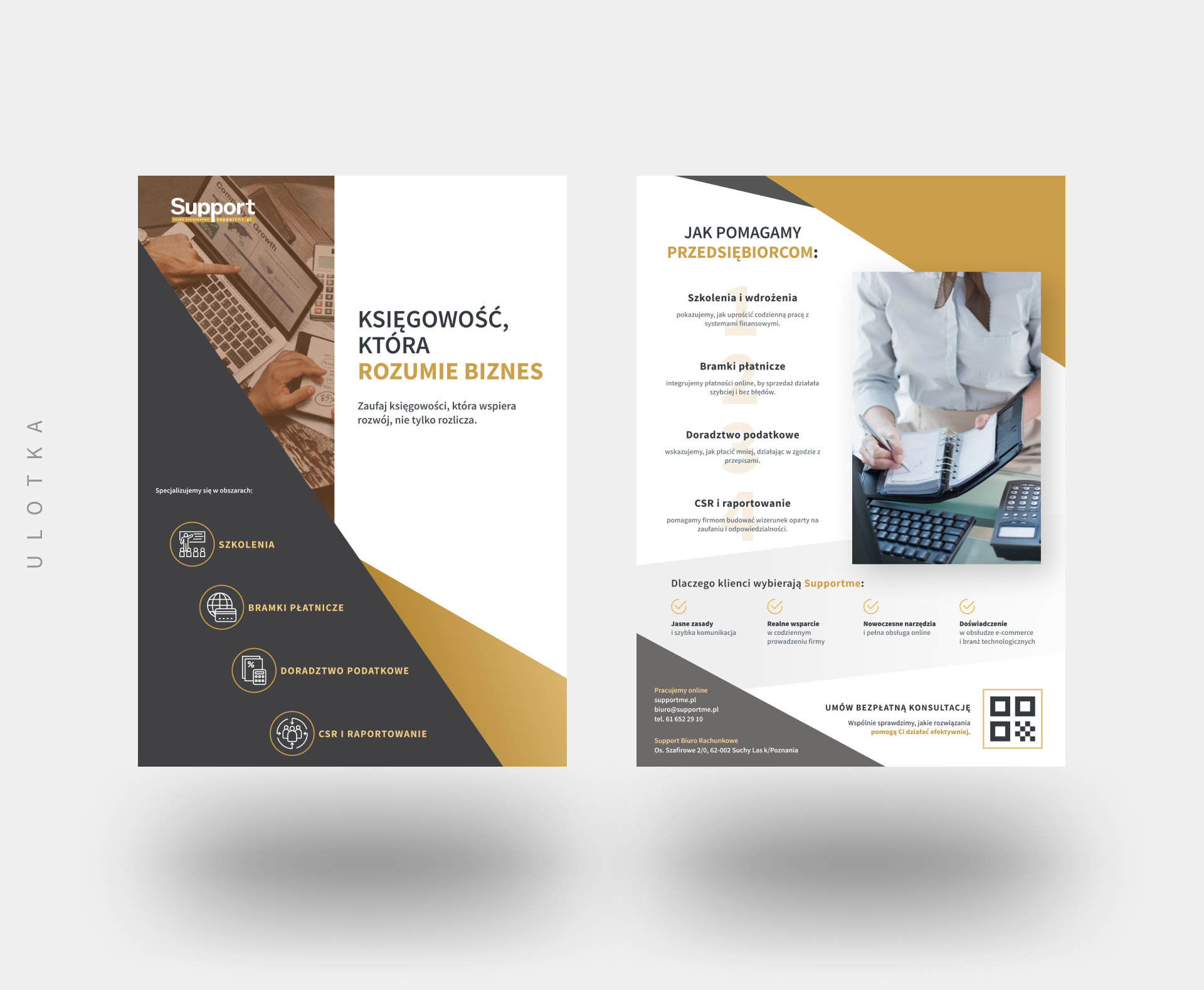 Ulotka Supportme w kolorystyce bieli, grafitu i złota z hasłem „Księgowość, która rozumie biznes”, prezentująca ofertę usług i obszary wsparcia przedsiębiorców – projekt graficzny UX-MAN.
