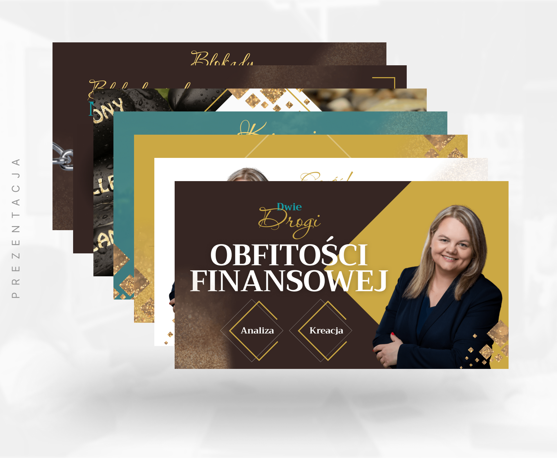 Slajdy prezentacji „Dwie Drogi Obfitości Finansowej” autorstwa Adriany Stankiewicz, zaprojektowane w stylu eleganckim i spójnym z identyfikacją marki Supportme – projekt graficzny UX-MAN.