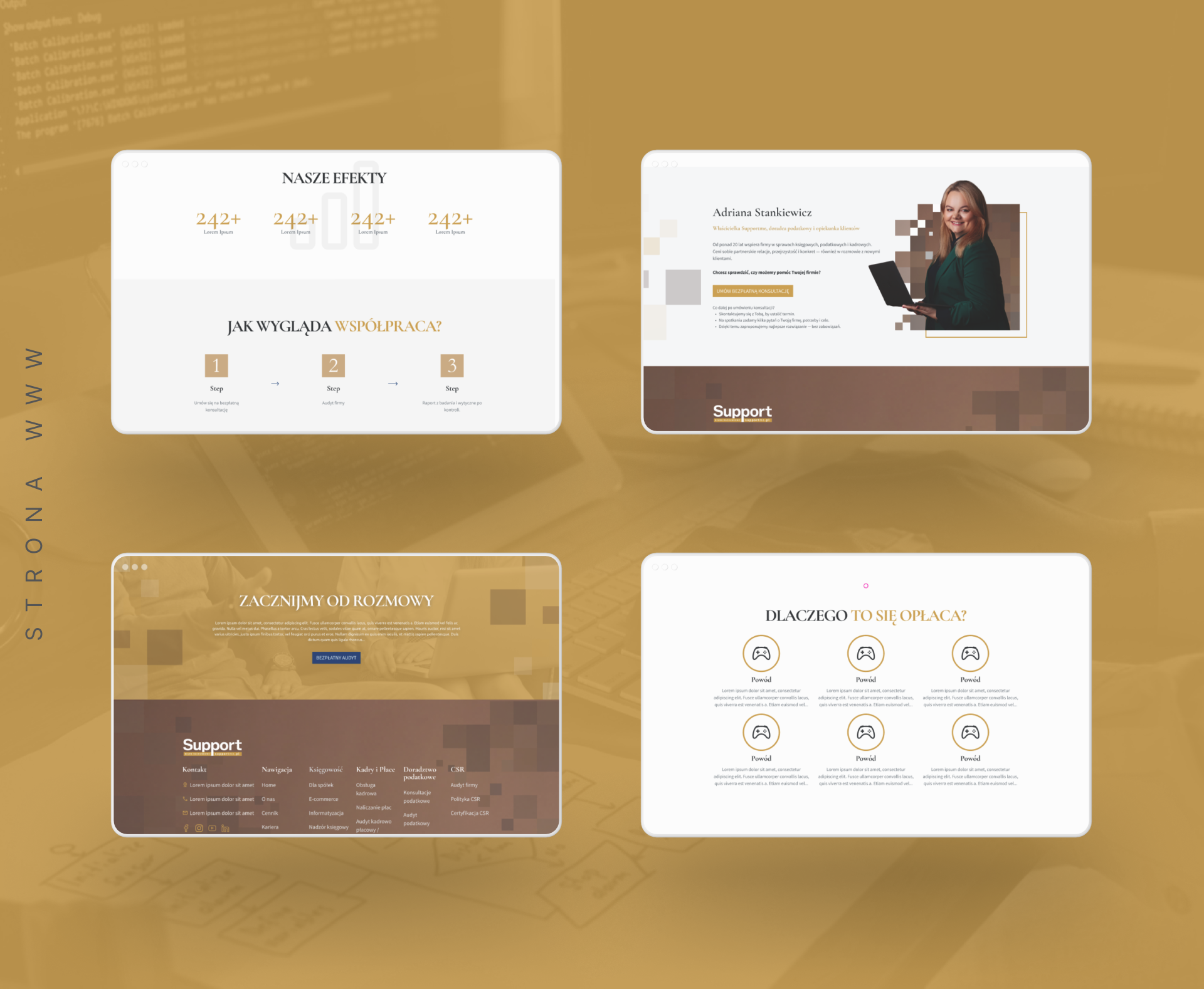 Widok podstron projektu strony Supportme prezentujący sekcje „Nasze efekty”, „Jak wygląda współpraca”, „Dlaczego to się opłaca” i profil Adriany Stankiewicz – projekt UX/UI biura rachunkowego.