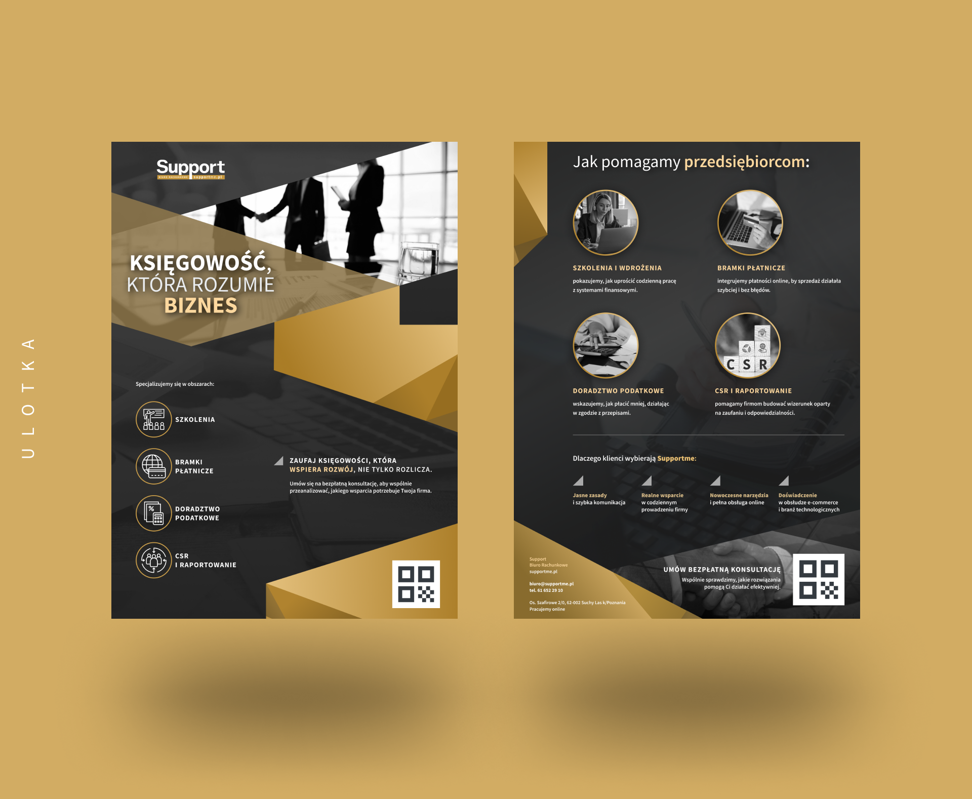 Ulotka Supportme w kolorystyce złoto-czarnej z hasłem „Księgowość, która rozumie biznes”, prezentująca ofertę usług księgowych i doradczych – projekt graficzny UX-MAN.