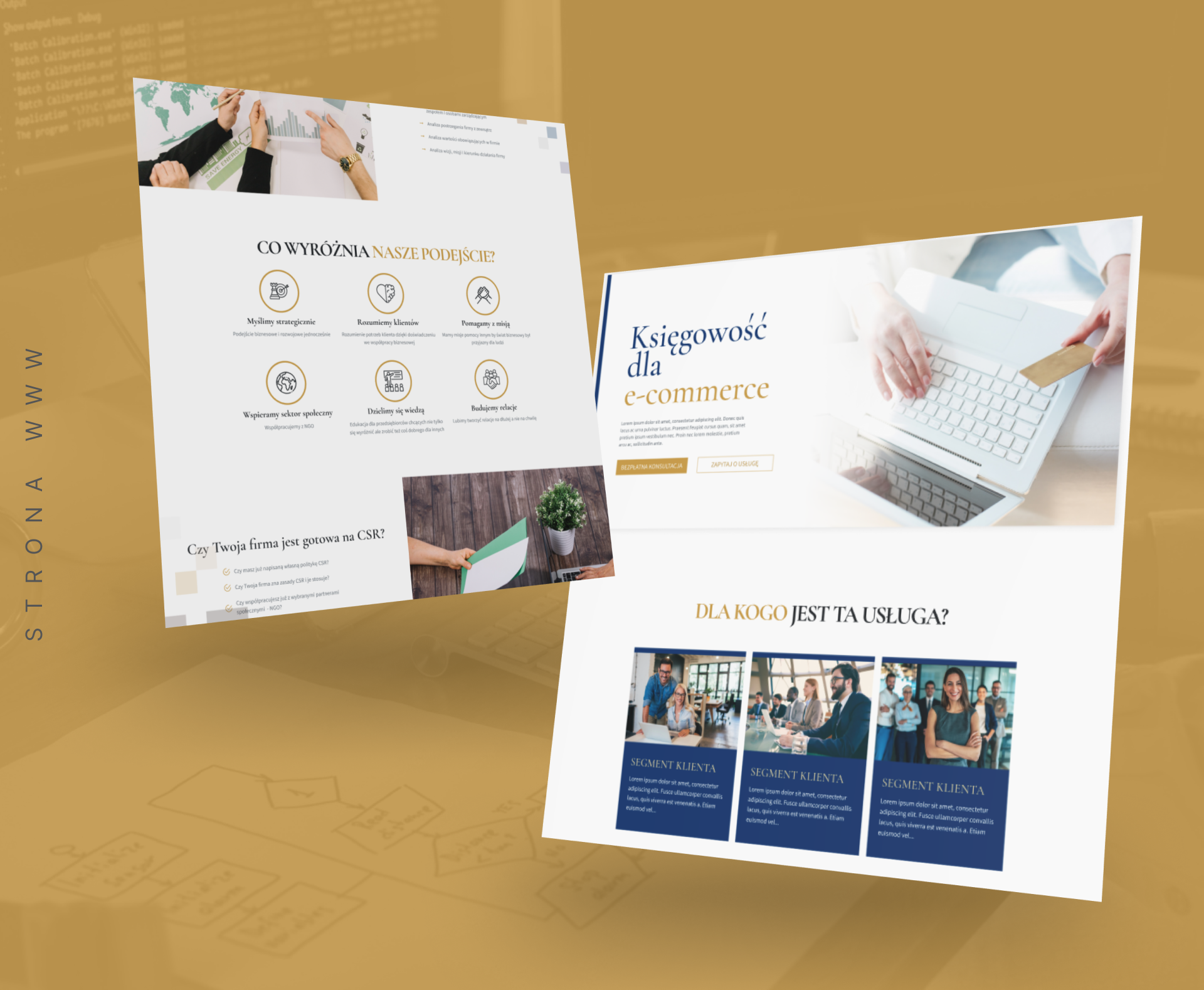 Widok podstron serwisu Supportme prezentujący ofertę „Księgowość dla e-commerce” oraz sekcję „Co wyróżnia nasze podejście” – projekt UX/UI strony internetowej biura rachunkowego.