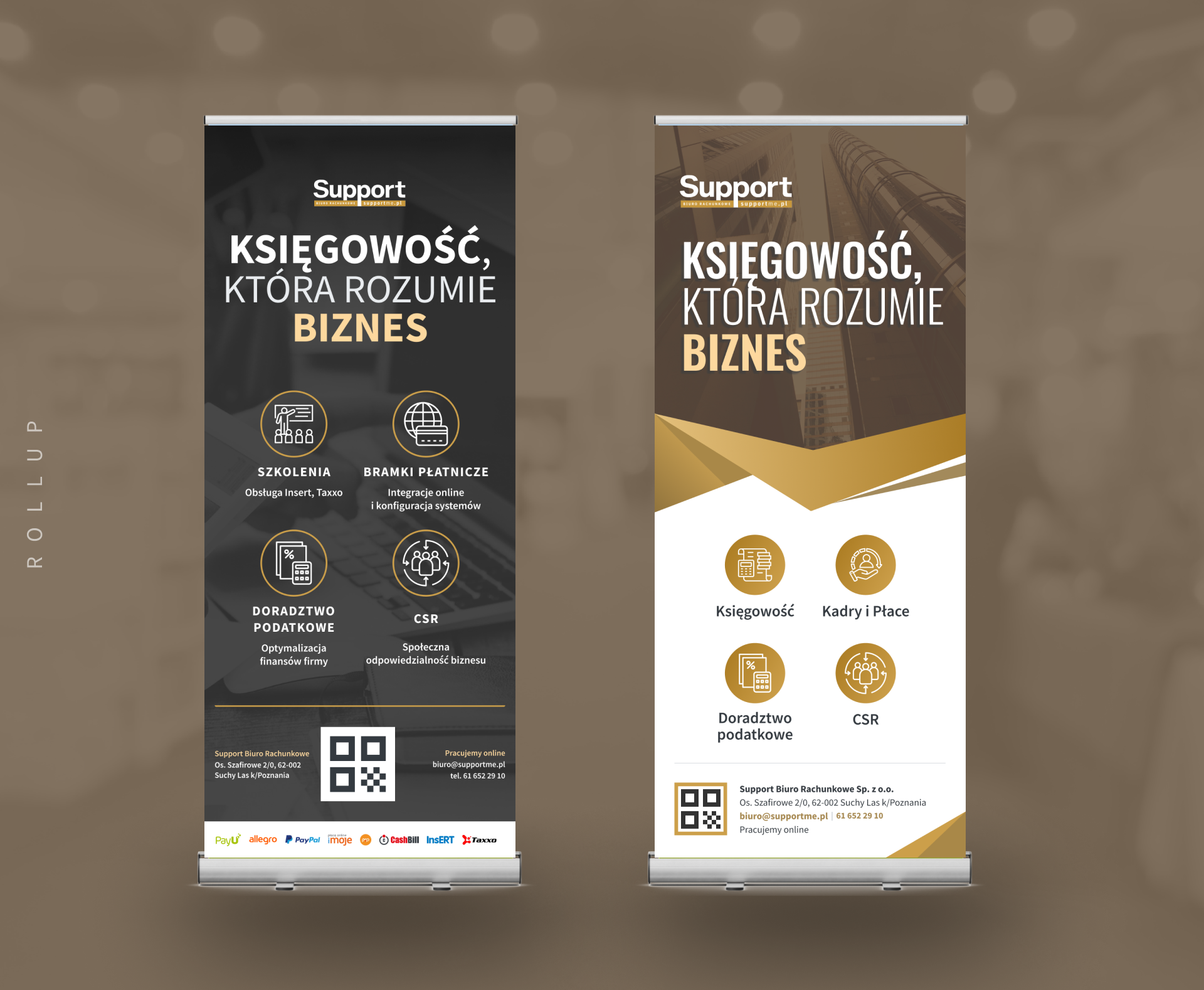 Rollupy Supportme w kolorystyce złoto-czarnej z hasłem „Księgowość, która rozumie biznes”, prezentujące główne obszary usług biura rachunkowego – projekt graficzny UX-MAN.