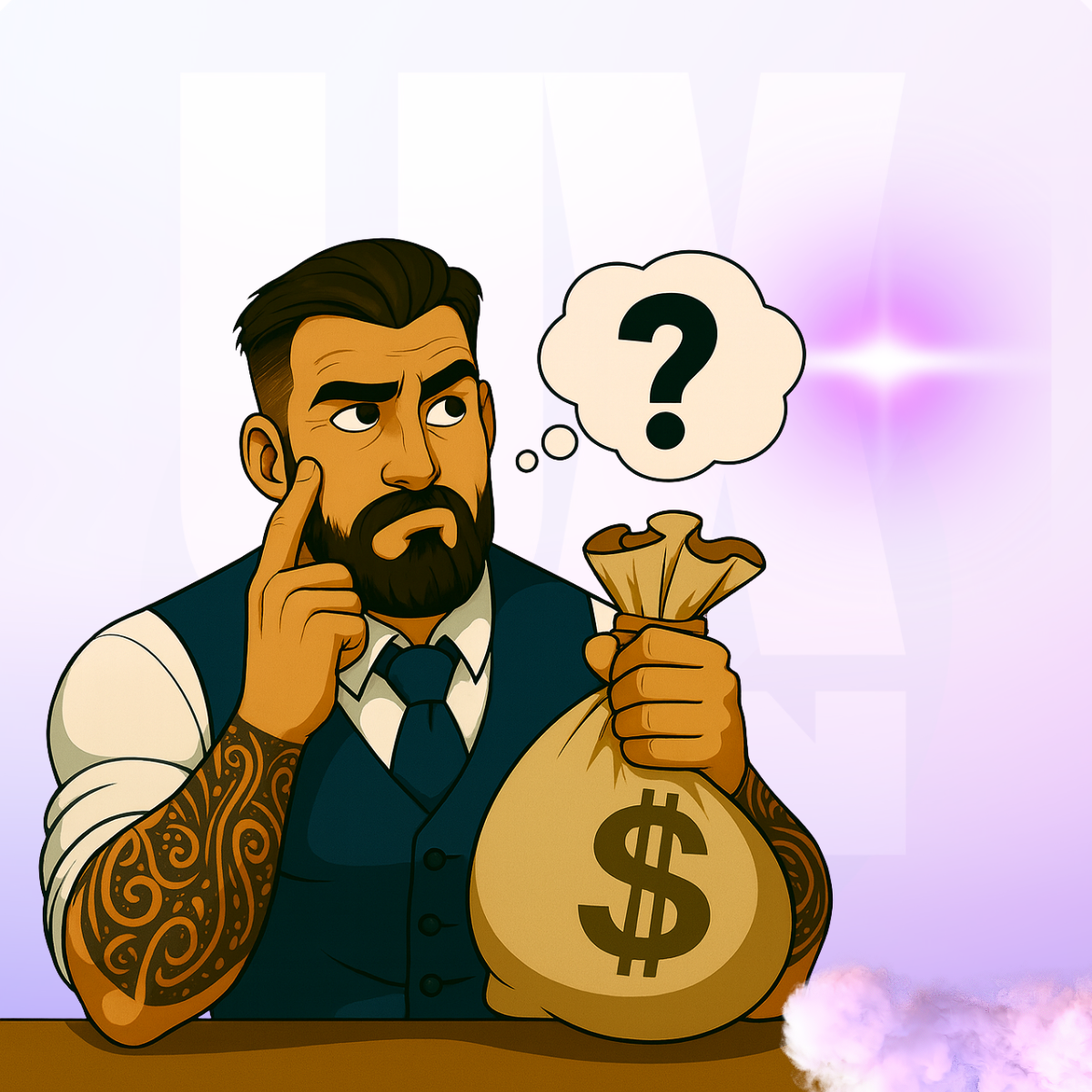 Projektant UX/UI z workiem pieniędzy symbolicznie zastanawia się, ile firma traci bez audytu UX i dopracowanej makiety strony internetowej, sklepu i aplikacji na koniec roku.