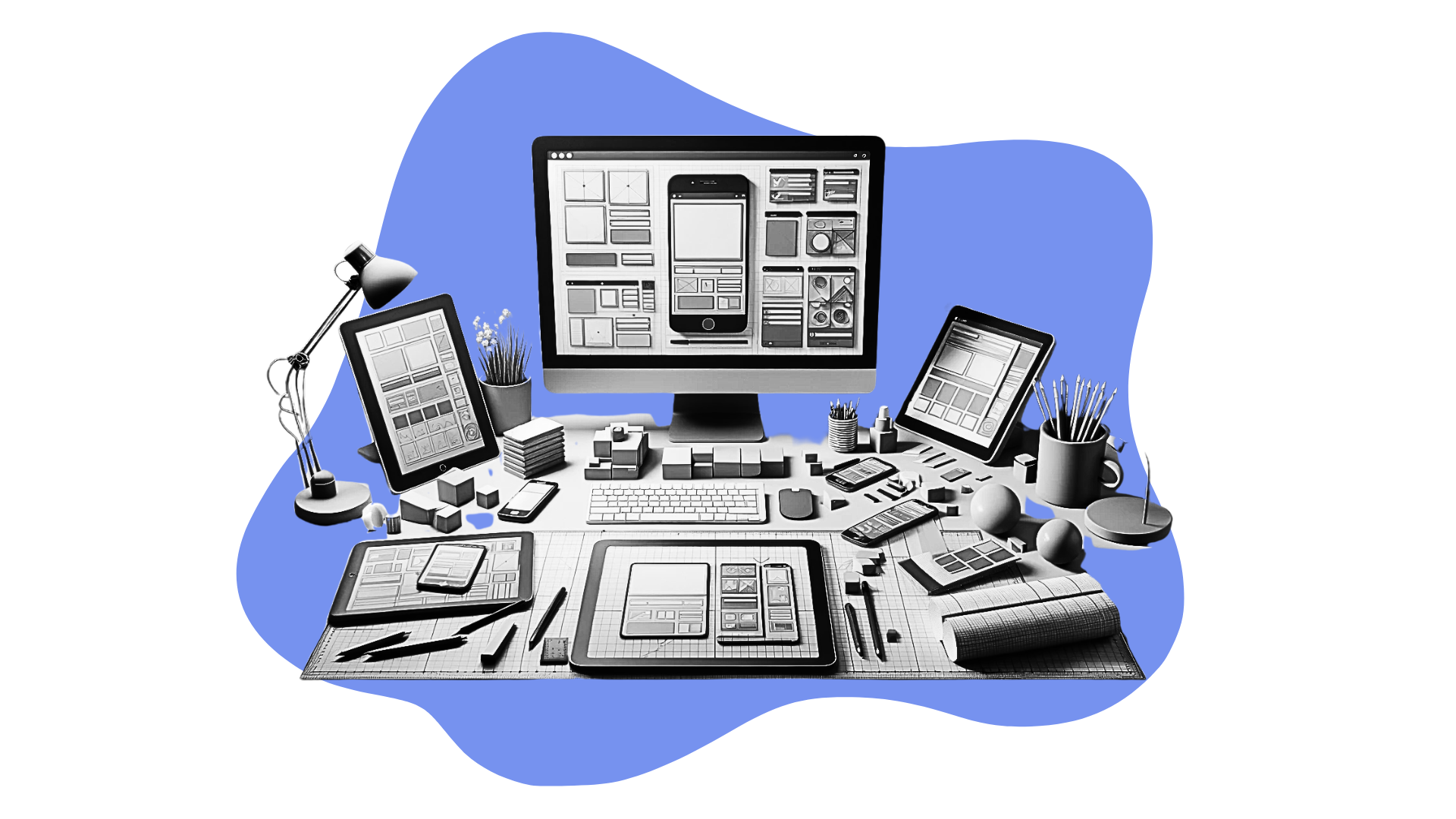 Stanowisko projektanta z kilkoma ekranami pokazującymi makiety UX low fidelity w szarościach – szkieletowe projektowanie strony internetowej i aplikacji przed nałożeniem finalnej grafiki.