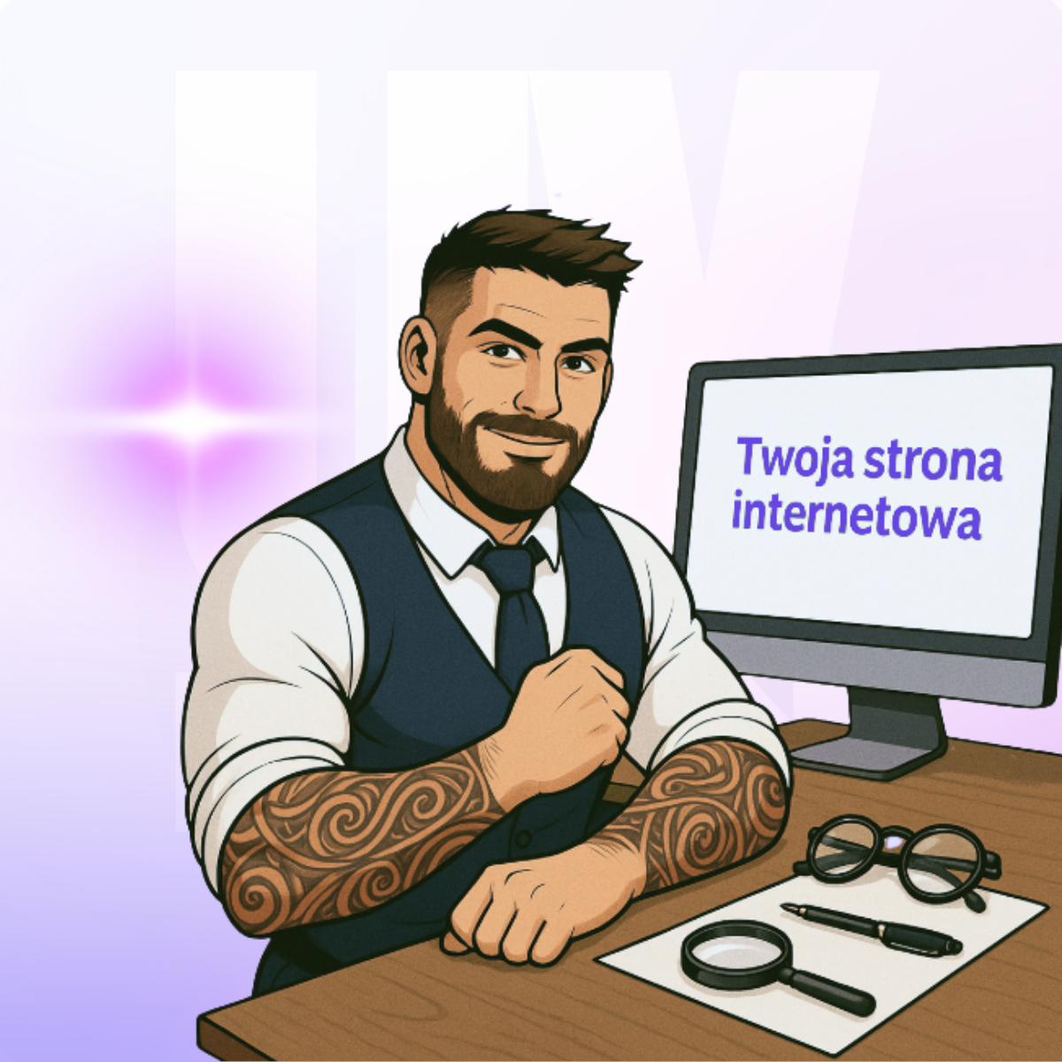 Ilustracja projektanta UX przy biurku z lupą i monitorem, symbolizująca audyt użyteczności UX strony internetowej.
