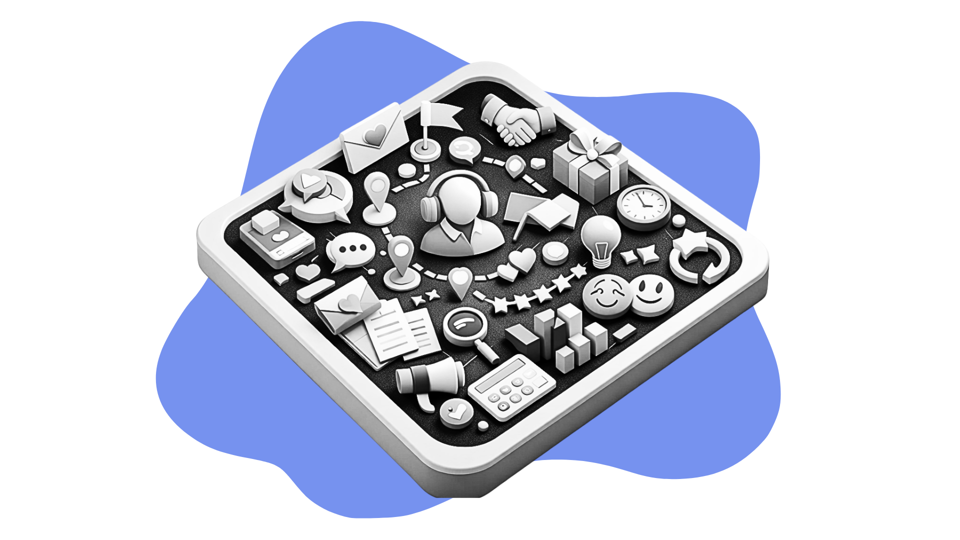 Ilustracja 3D przedstawiająca zestaw ikon związanych z obsługą klienta, komunikacją i marketingiem na tle smartfona, w stylu monochromatycznym na niebieskim tle.