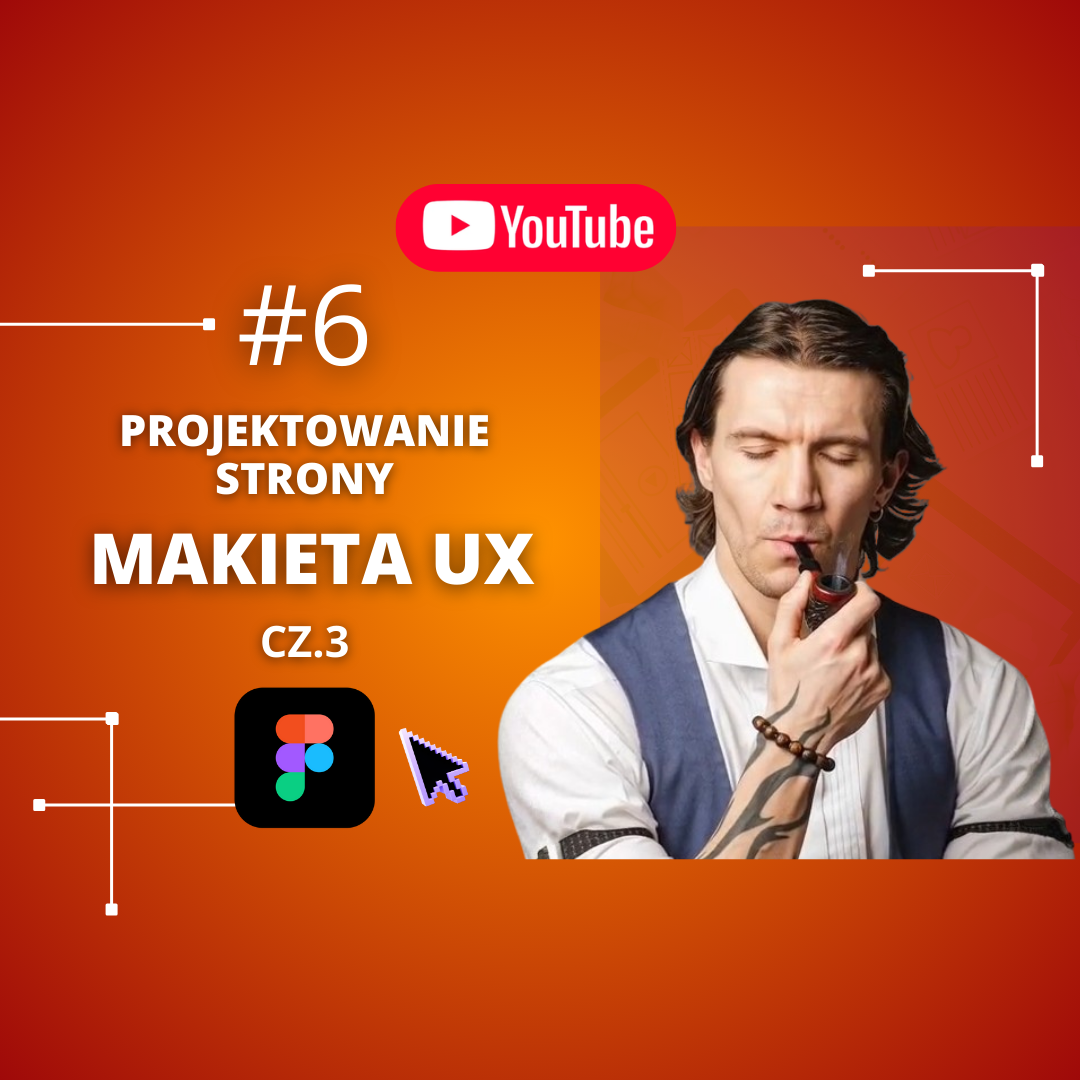 Grafika promująca odcinek „Projektowanie strony – Makieta UX cz.3”, przedstawiająca UX/UI designera pracującego nad makietą strony internetowej w Figma, materiał edukacyjny o projektowaniu UX/UI.