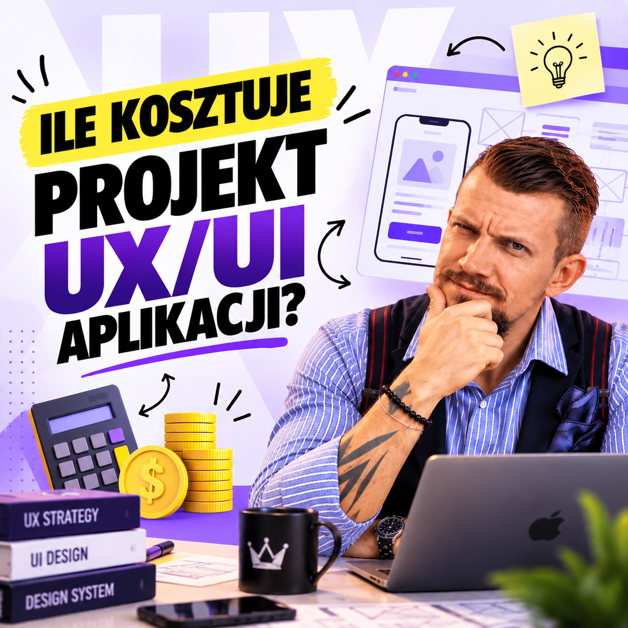 Piotr Trzaskowski przy biurku obok laptopa, kalkulatora i monet, na tle nagłówka z pytaniem: Ile kosztuje projekt UX/UI aplikacji.