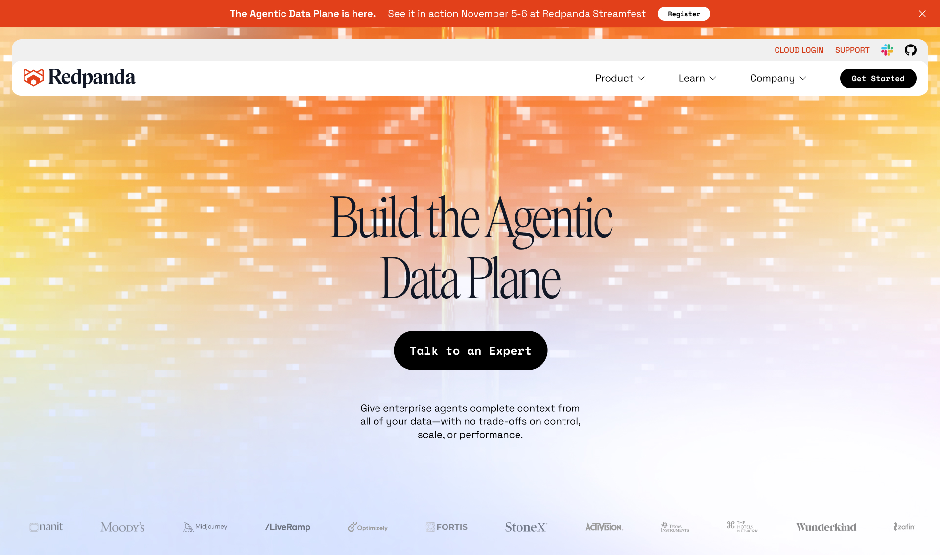 Redpanda data streaming platform homepage with bold typography and product visuals
