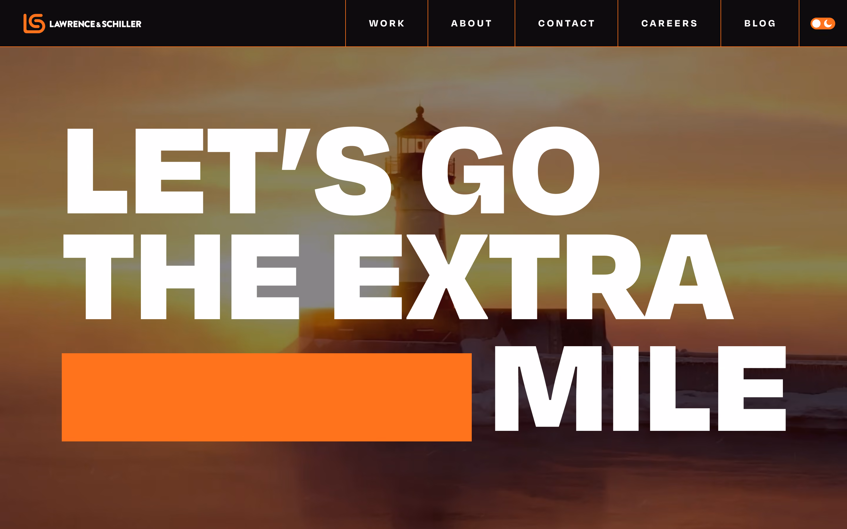Lawrence & Schiller marketing agency homepage with bold typography and campaign imagery