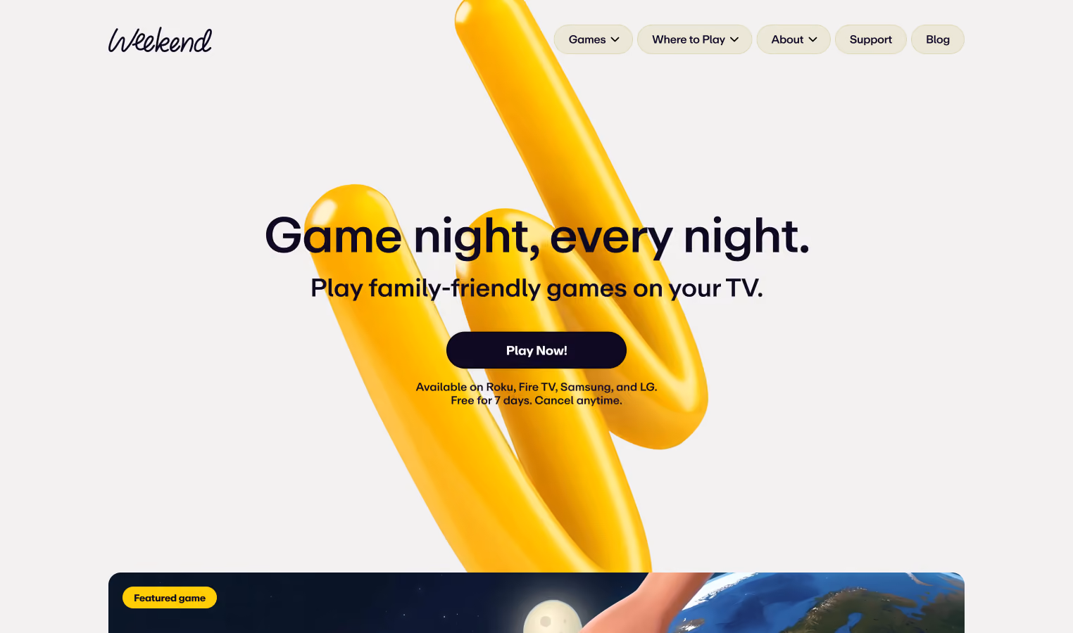 Weekend Games homepage promoting family-friendly games for smart TVs