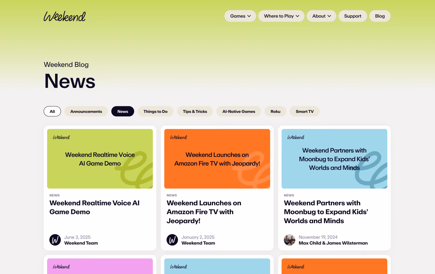 Weekend Games blog category page displaying filtered articles
