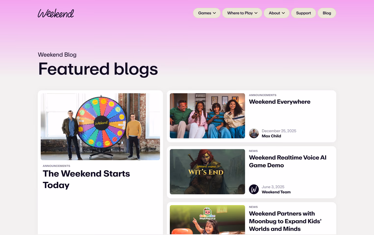 Weekend Games blog homepage featuring highlighted and featured posts