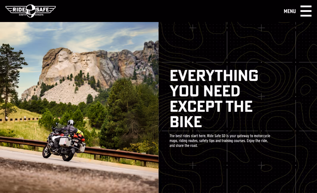 Ride Safe SD homepage showing a motorcyclist riding past Mount Rushmore