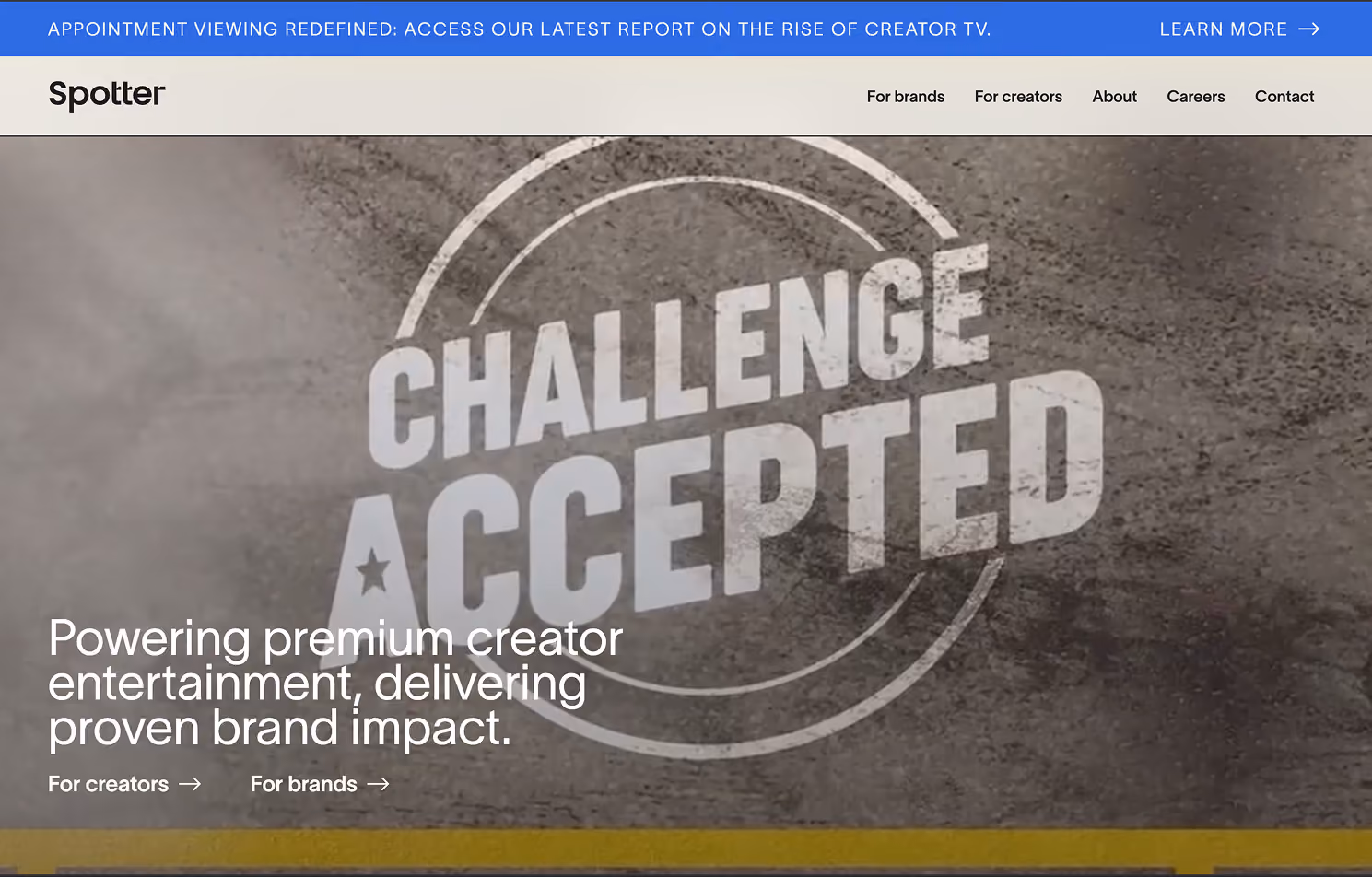 Spotter homepage featuring creator-led entertainment and brand partnership messaging
