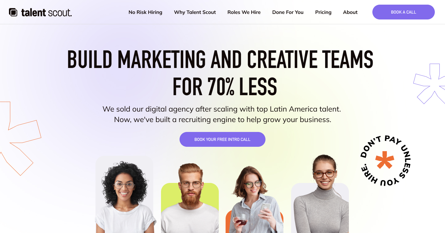 Talent Scout homepage promoting nearshore marketing, creative, and operations talent