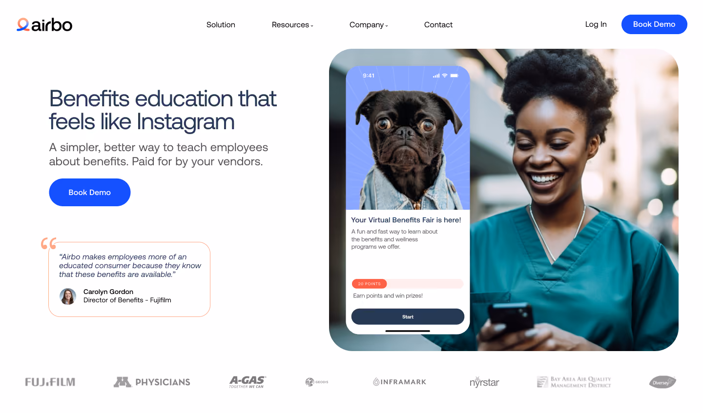 Airbo homepage presenting its employee benefits platform with colorful animal illustrations