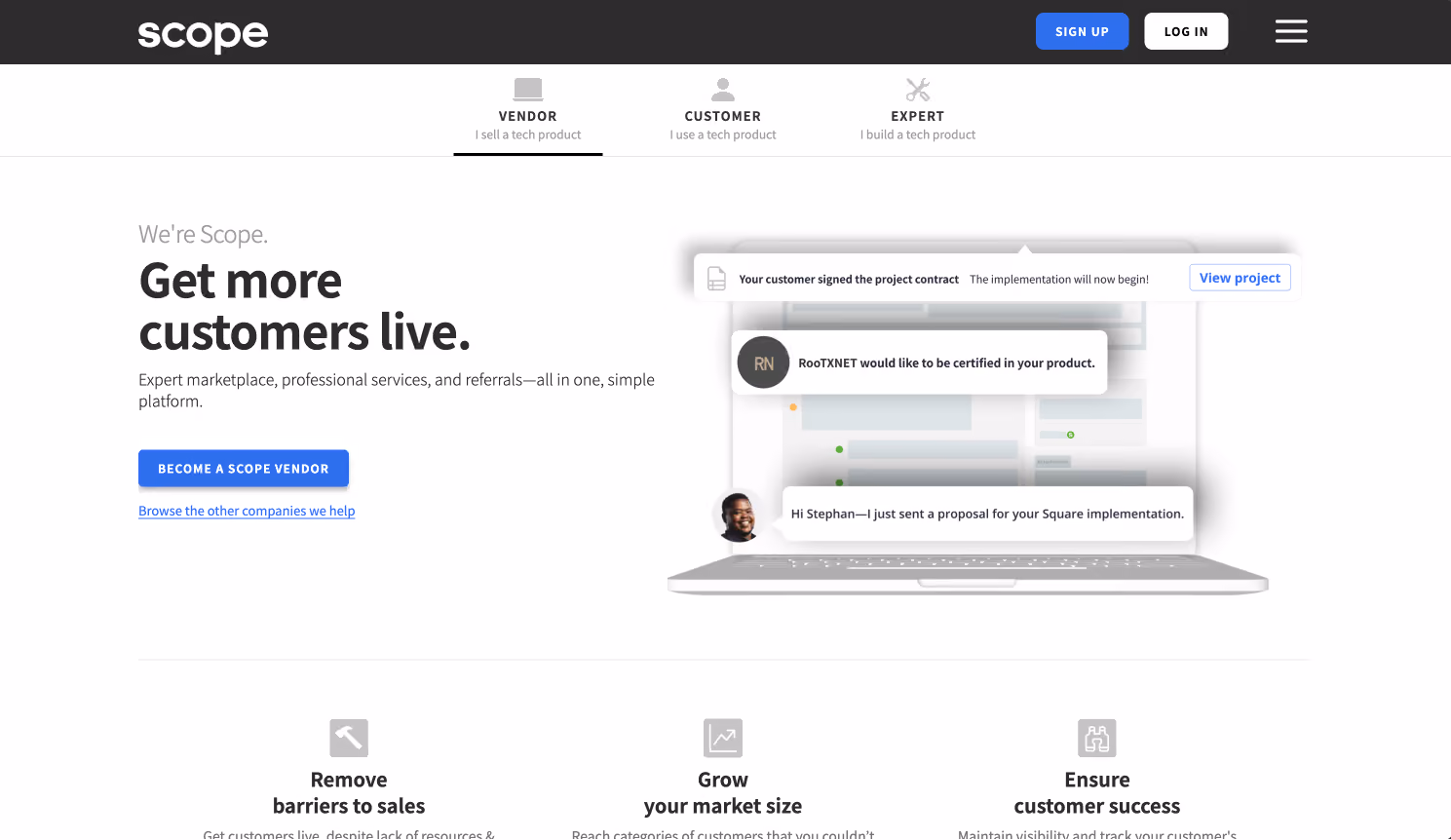 Scope homepage presenting its expert marketplace for software vendors and customers
