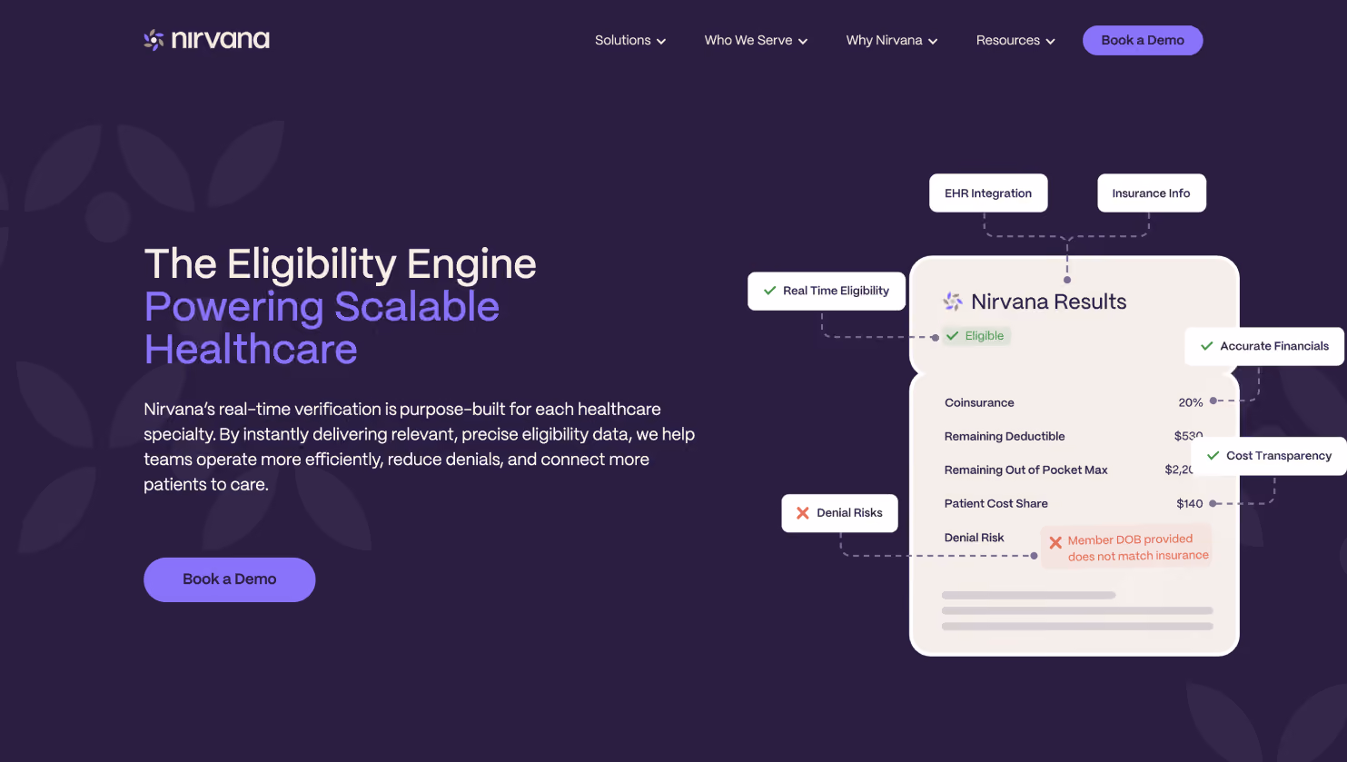 Nirvana homepage presenting real-time insurance eligibility verification for healthcare providers