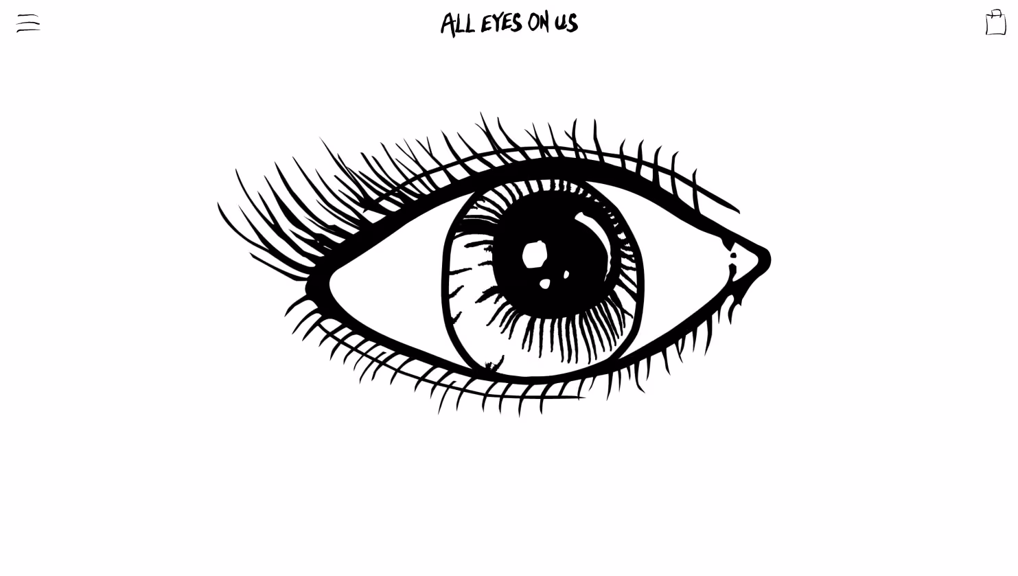 All Eyes on Us ecommerce homepage featuring a custom typeface, apparel graphics, and interactive visuals
