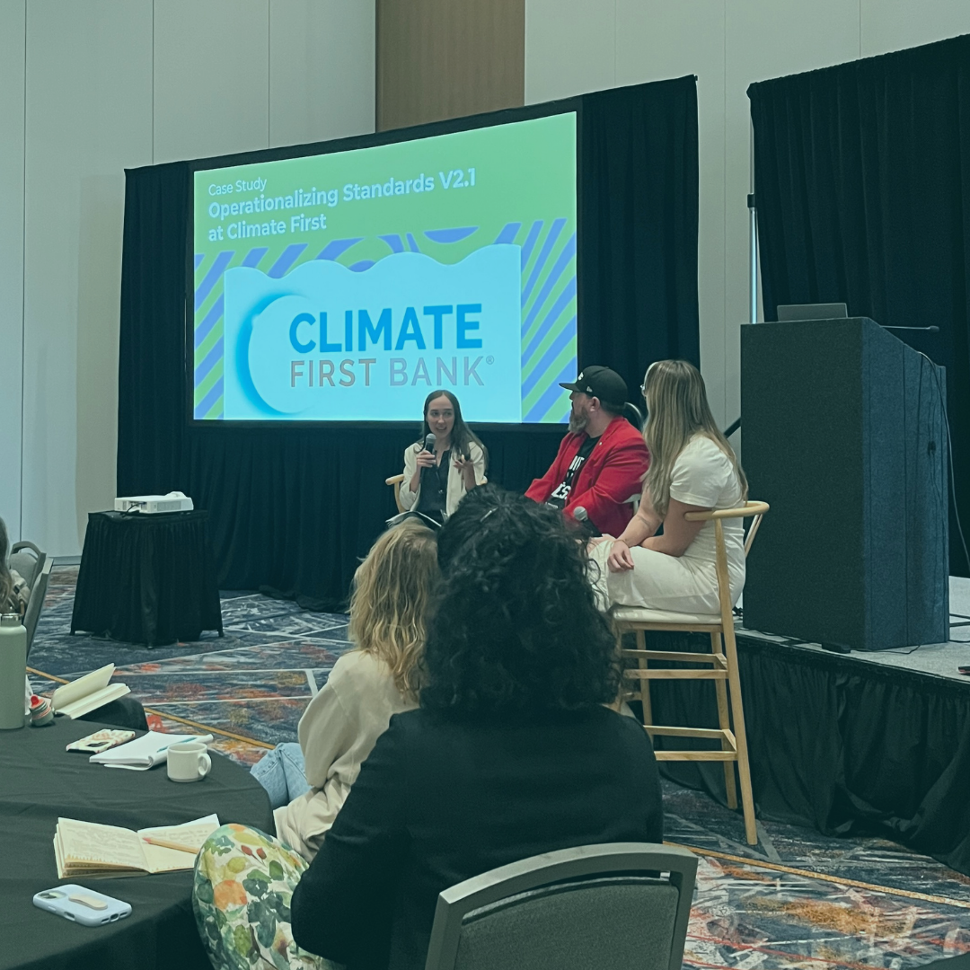 Nathan Stuck, Lauren Dube and Hazel Horvath on stage at the B Corp Champions Retreat.